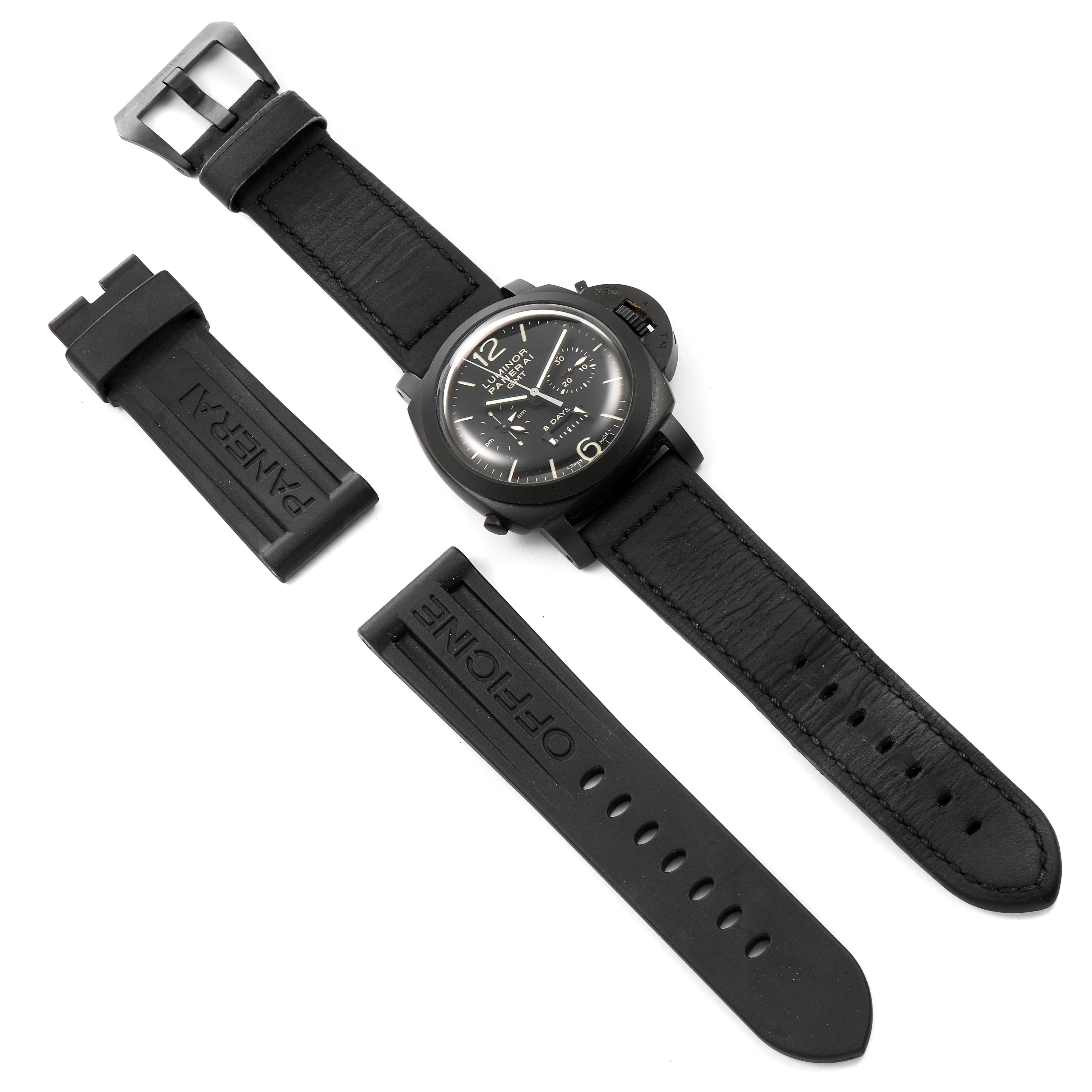 The image shows a Panerai Luminor PAM00317 Men's Ceramic Black Dial PAM00317 Men's Ceramic Black Dial watch with leather straps, a buckle, and two additional rubber straps from a top-down angle.