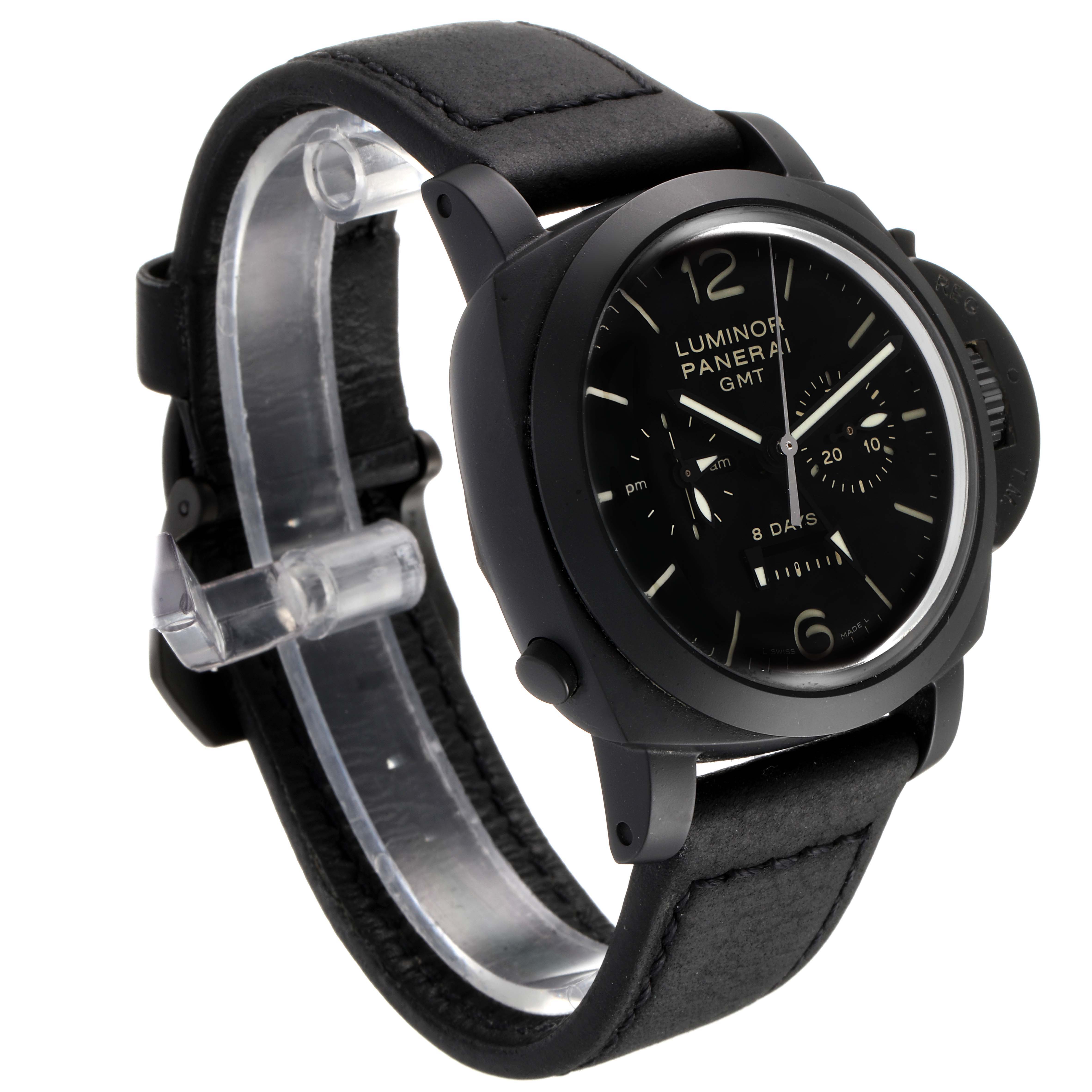 The image shows a side view of the Panerai Luminor PAM00317 Men's Ceramic Black Dial PAM00317 Men's Ceramic Black Dial GMT watch, highlighting its face, strap, and crown guard.