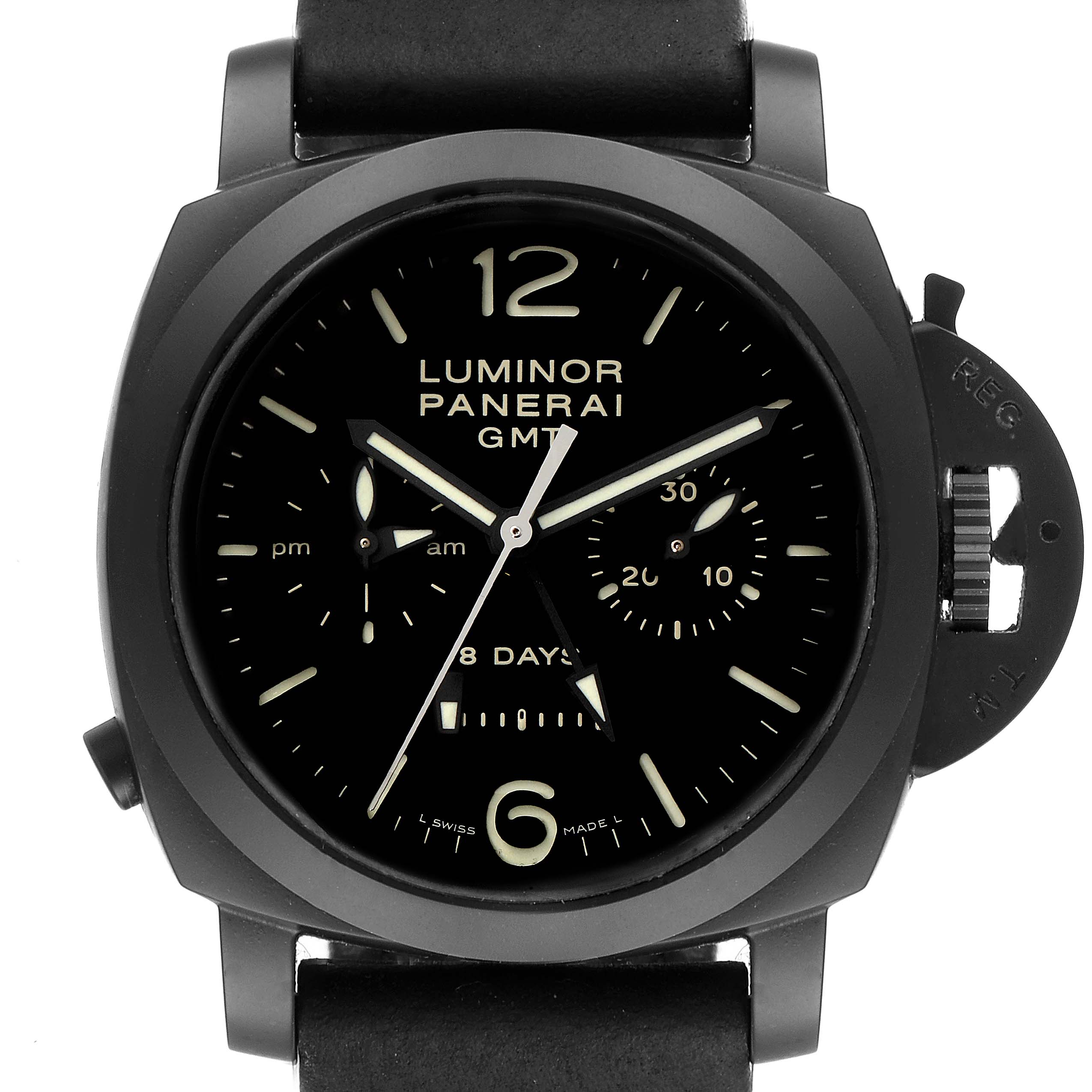 The image shows a frontal view of a Panerai Luminor PAM00317 Men's Ceramic Black Dial PAM00317 Men's Ceramic Black Dial watch, highlighting the face, crown guard, and strap.