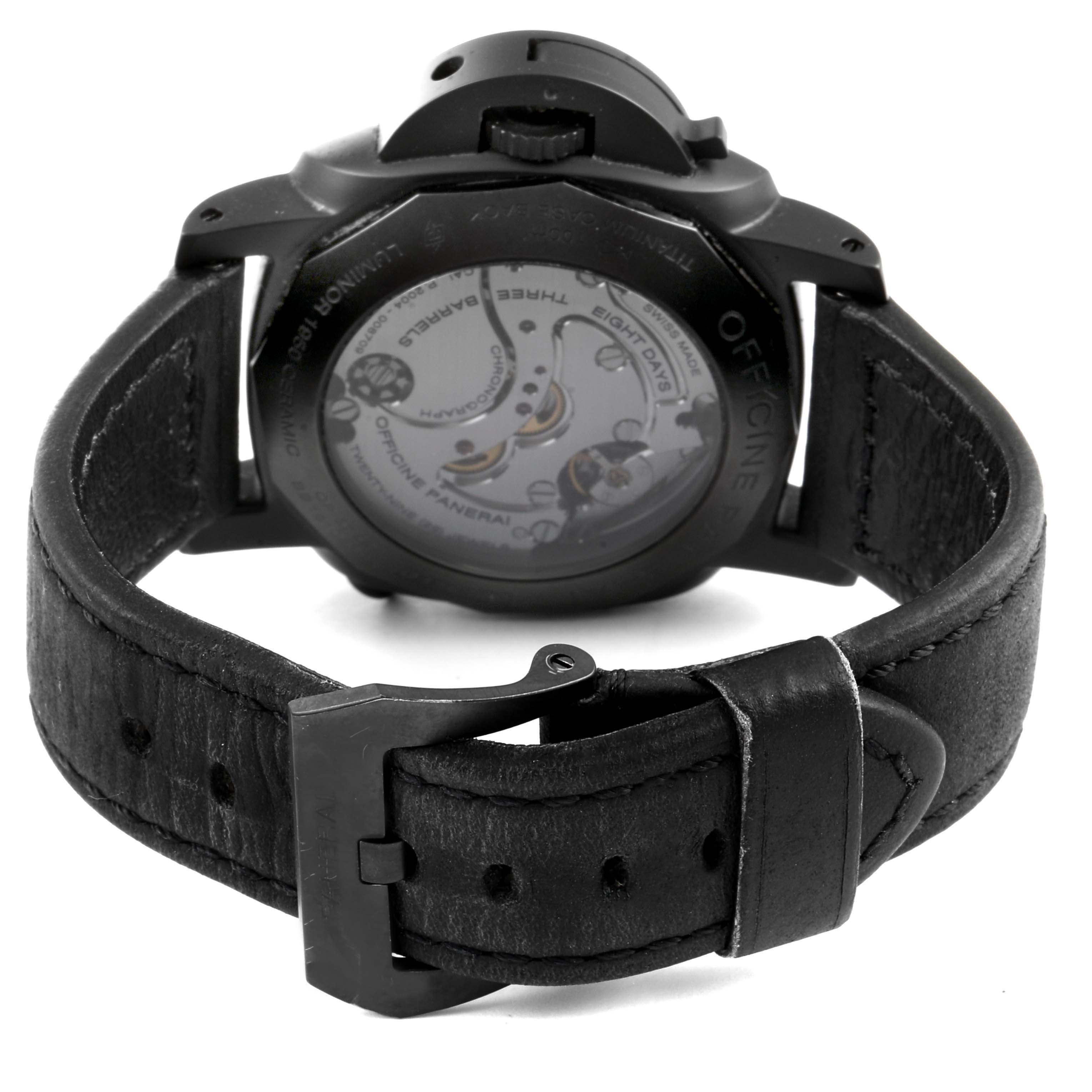 The image shows the back view of the Panerai Luminor PAM00317 Men's Ceramic Black Dial PAM00317 Men's Ceramic Black Dial watch, highlighting its movement and leather strap.