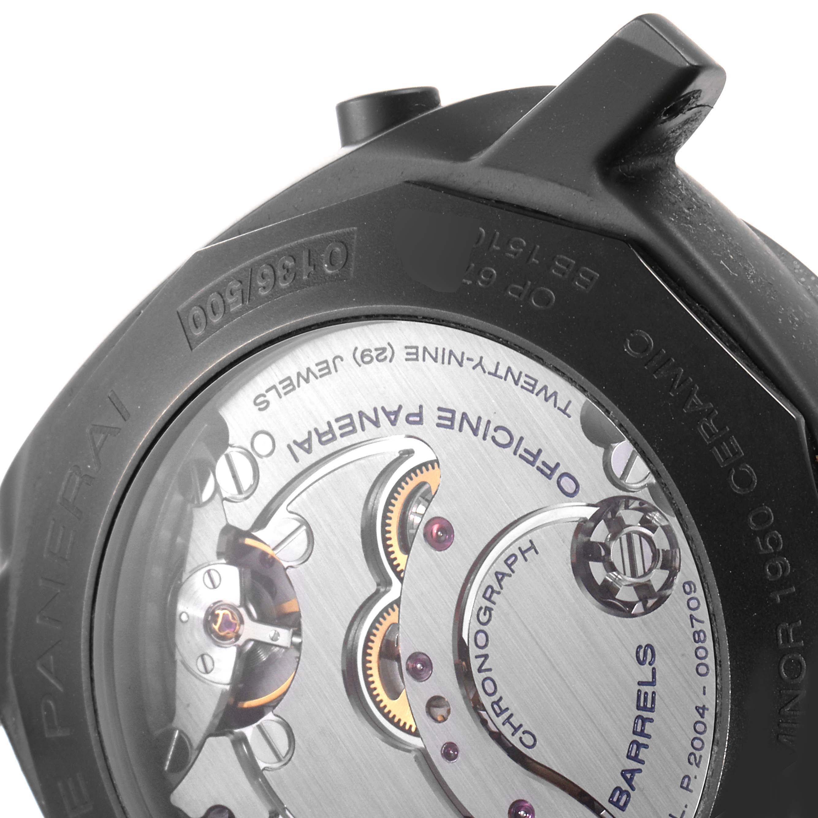 This image shows the back view of the Panerai Luminor PAM00317 Men's Ceramic Black Dial PAM00317 Men's Ceramic Black Dial watch, revealing the movement and inner mechanisms.