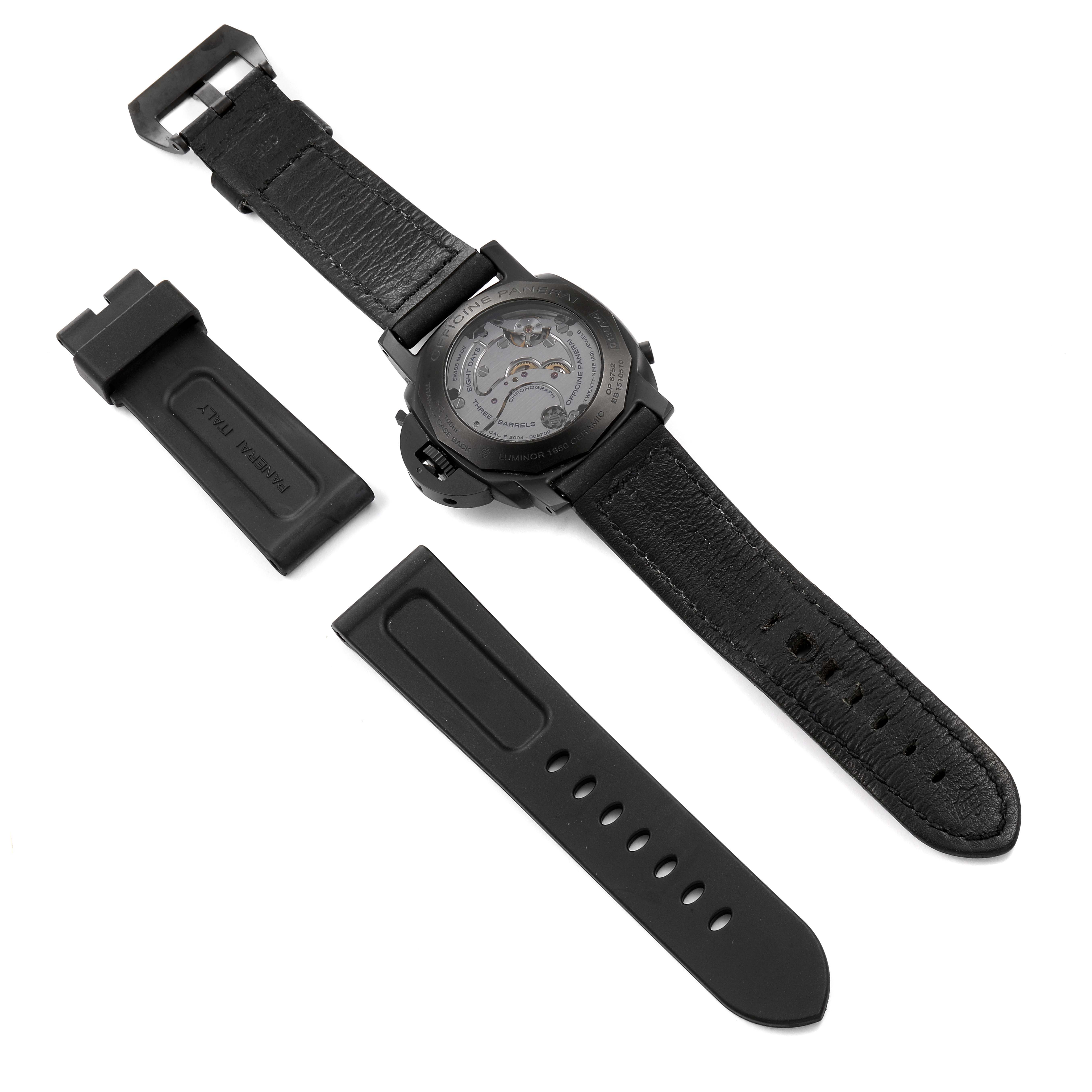 The image shows the back view of a Panerai Luminor PAM00317 Men's Ceramic Black Dial PAM00317 Men's Ceramic Black Dial watch along with additional strap accessories.