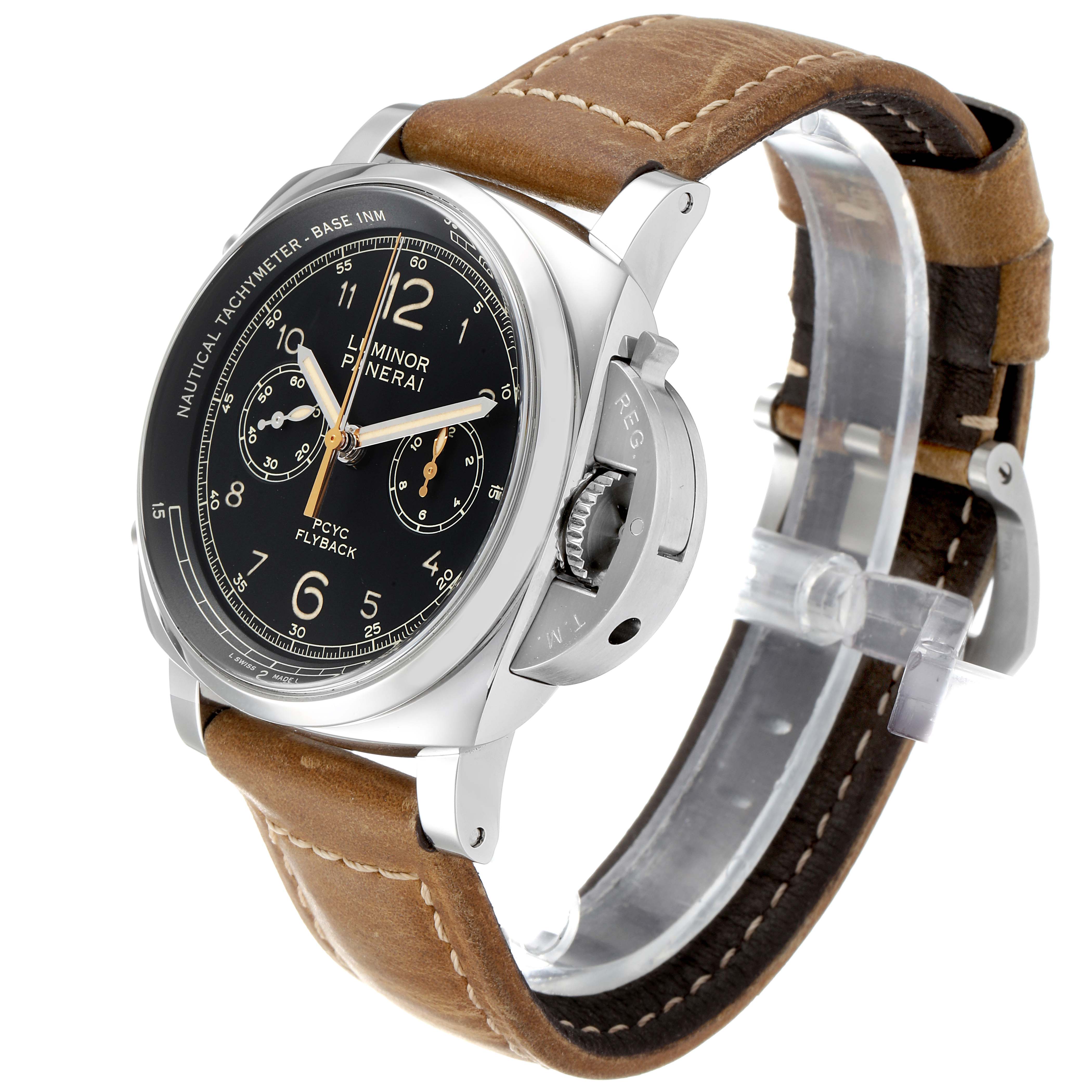 The image shows a Panerai Luminor PAM00653 Men
s Stainless Steel Black Dial PAM00653 Men
s Stainless Steel Black Dial watch at a three-quarter angle, highlighting its dial, crown guard, and brown leather strap.