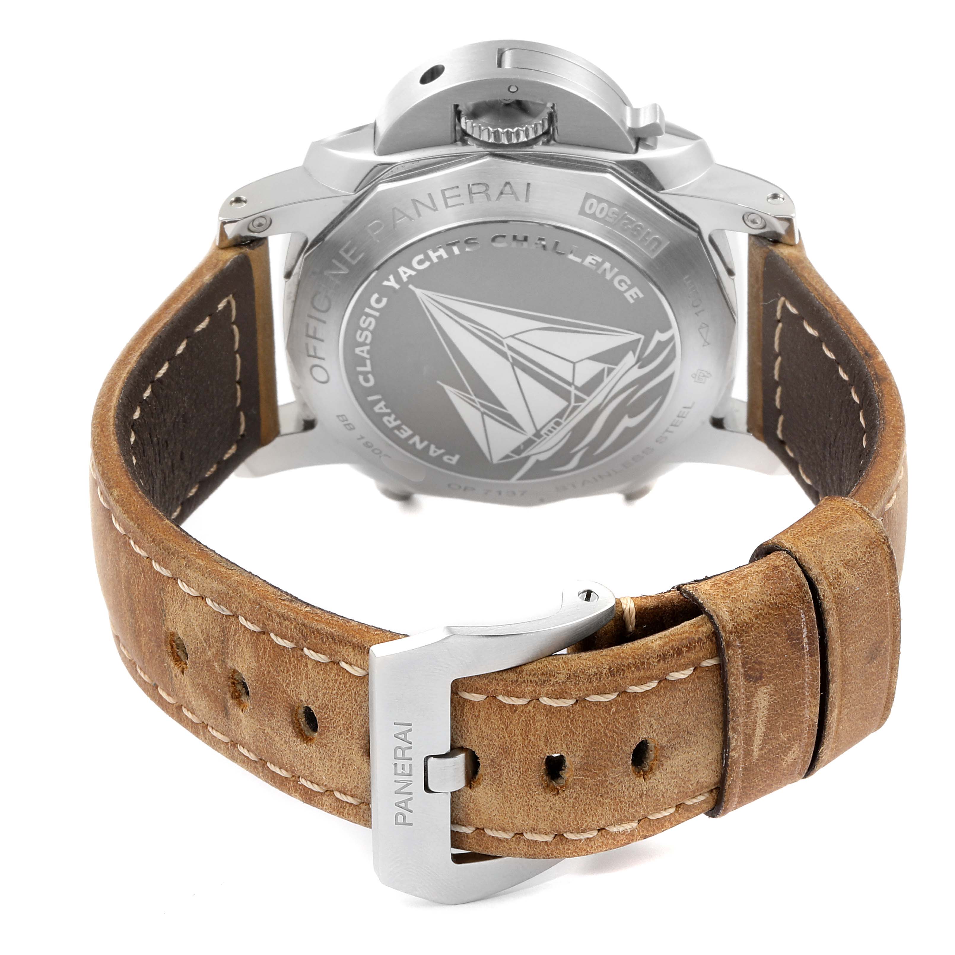 The image shows the back view of a Panerai Luminor PAM00653 Men
s Stainless Steel Black Dial PAM00653 Men
s Stainless Steel Black Dial watch, including the case back and leather strap with the buckle.