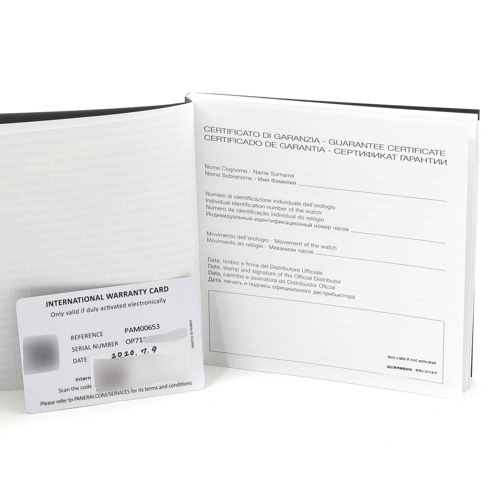 The image shows the international warranty card and guarantee certificate booklet for a Panerai Luminor PAM00653 Men
s Stainless Steel Black Dial PAM00653 Men
s Stainless Steel Black Dial model watch.