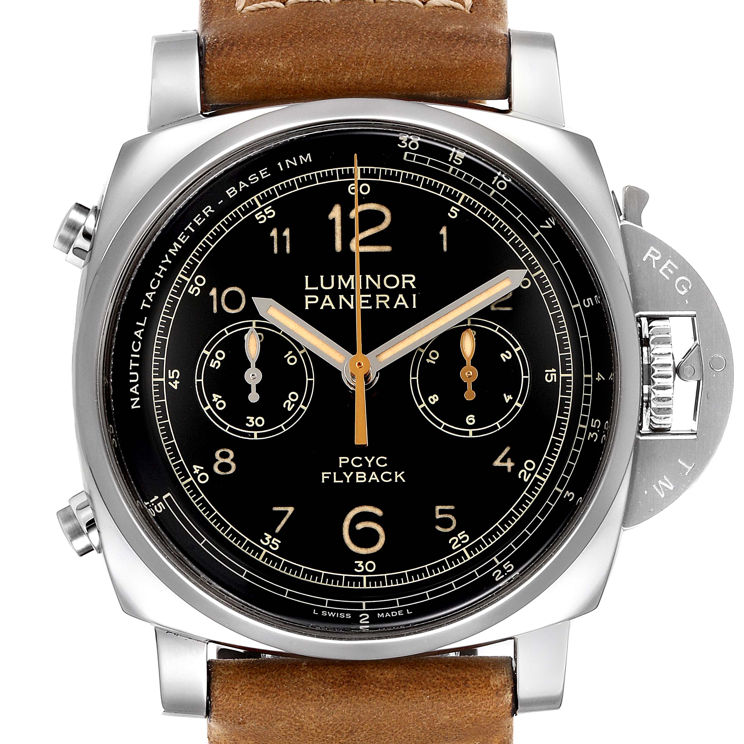 The image shows a front view of the Panerai Luminor PAM00653 Men
s Stainless Steel Black Dial PAM00653 Men
s Stainless Steel Black Dial PCYC Flyback watch with a visible face, crown guard, and leather strap.