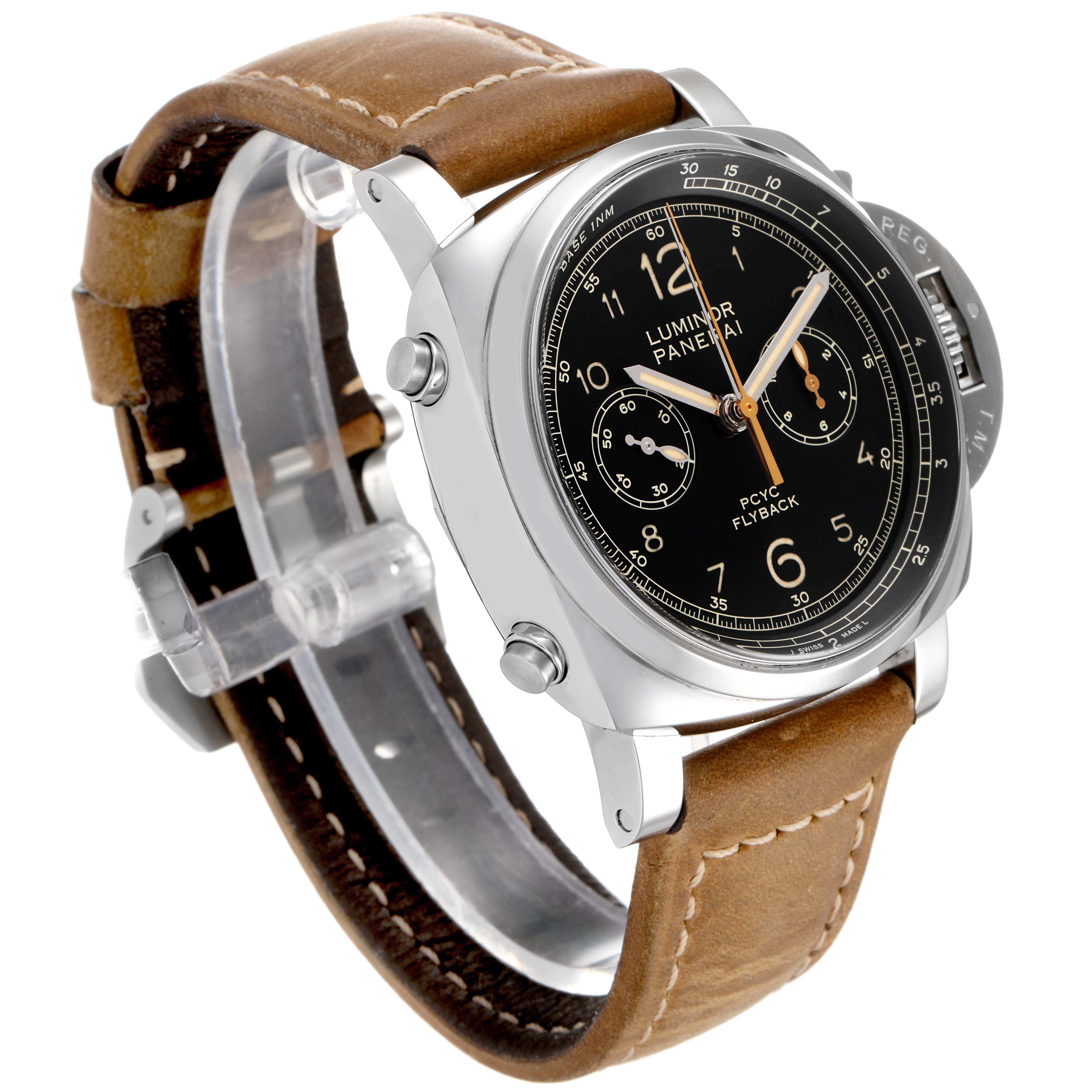 The image shows a Panerai Luminor PAM00653 Men
s Stainless Steel Black Dial PAM00653 Men
s Stainless Steel Black Dial watch at a three-quarter angle, highlighting its black dial, brown leather strap, and stainless steel case.