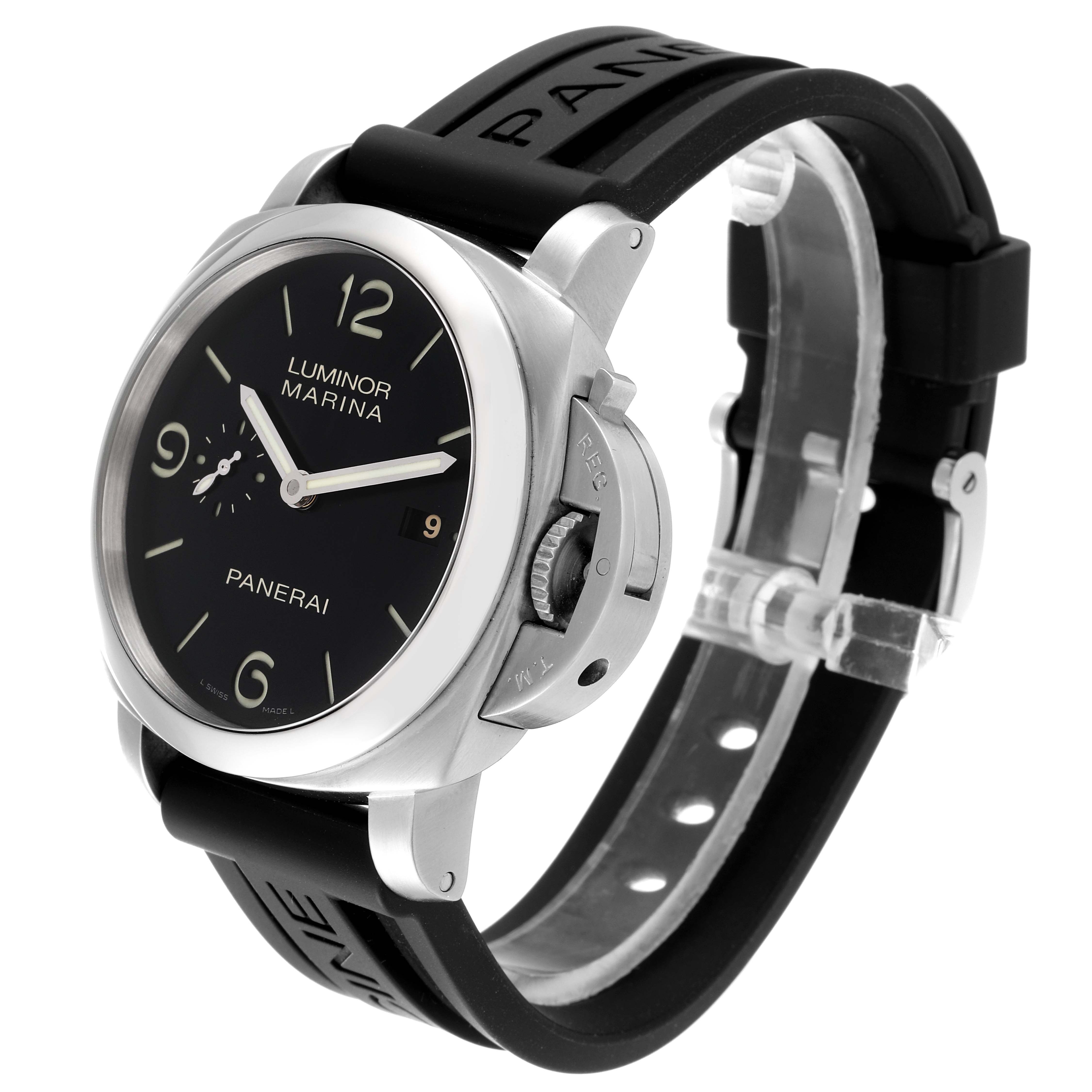 The image shows a Panerai Luminor PAM00312 Men
s Stainless Steel Black Dial PAM00312 Men
s Stainless Steel Black Dial Marina watch angled to display the dial, crown guard, and black strap.