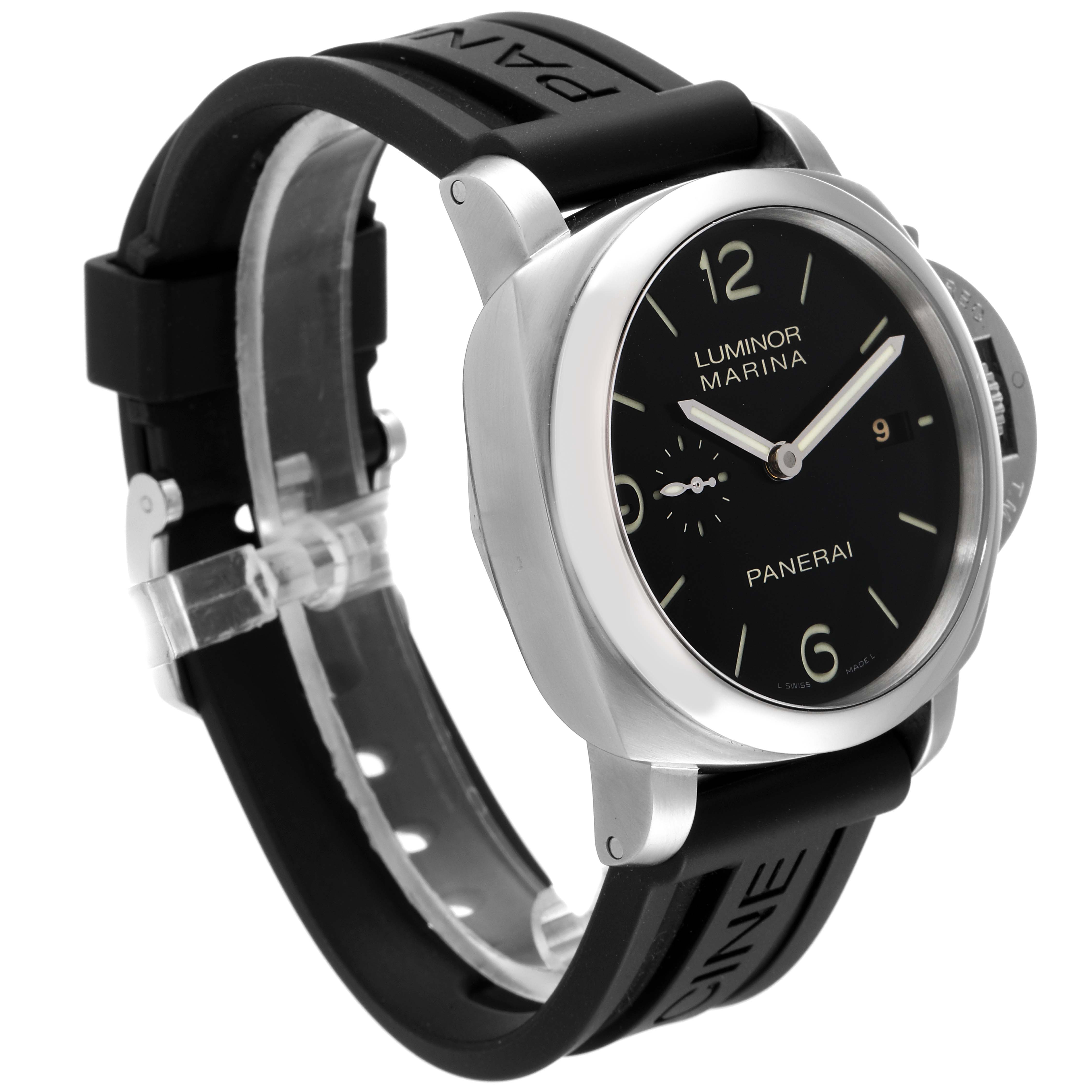 The image shows a side-angle view of a Panerai Luminor PAM00312 Men
s Stainless Steel Black Dial PAM00312 Men
s Stainless Steel Black Dial Marina watch, highlighting its black dial, crown guard, and black rubber strap.