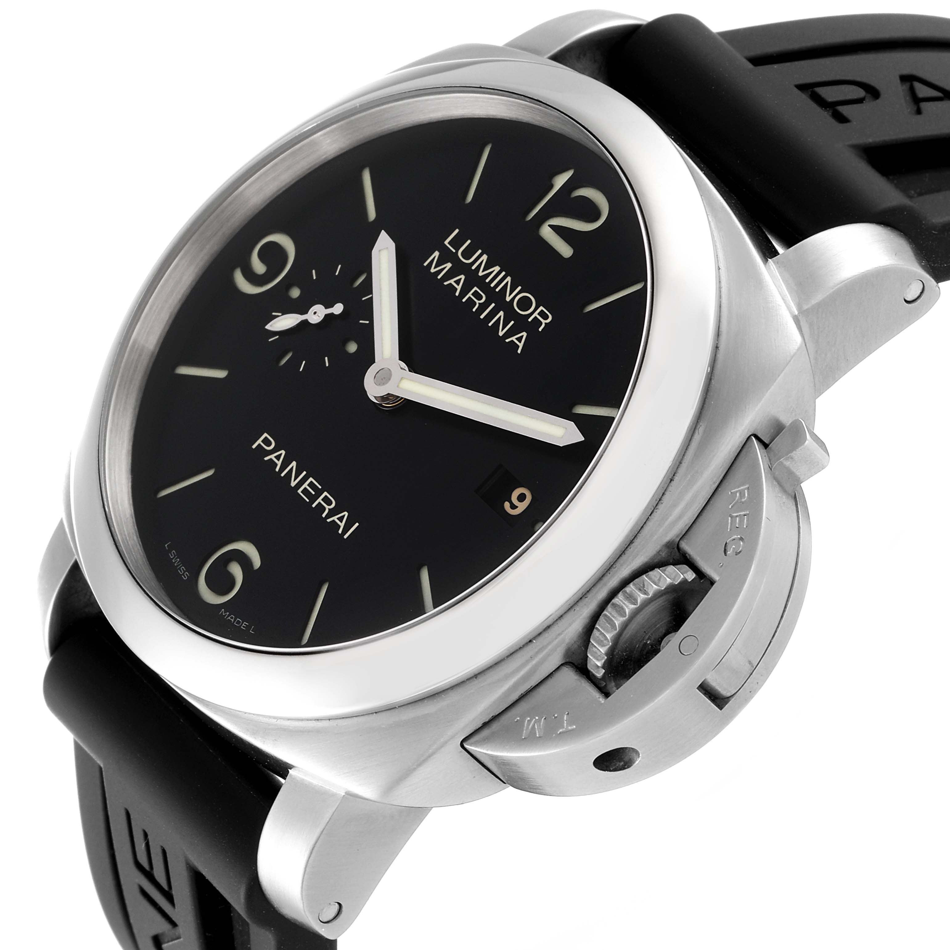 The image shows a Panerai Luminor PAM00312 Men
s Stainless Steel Black Dial PAM00312 Men
s Stainless Steel Black Dial model watch at a side angle, focusing on the dial, case, crown guard, and part of the strap.
