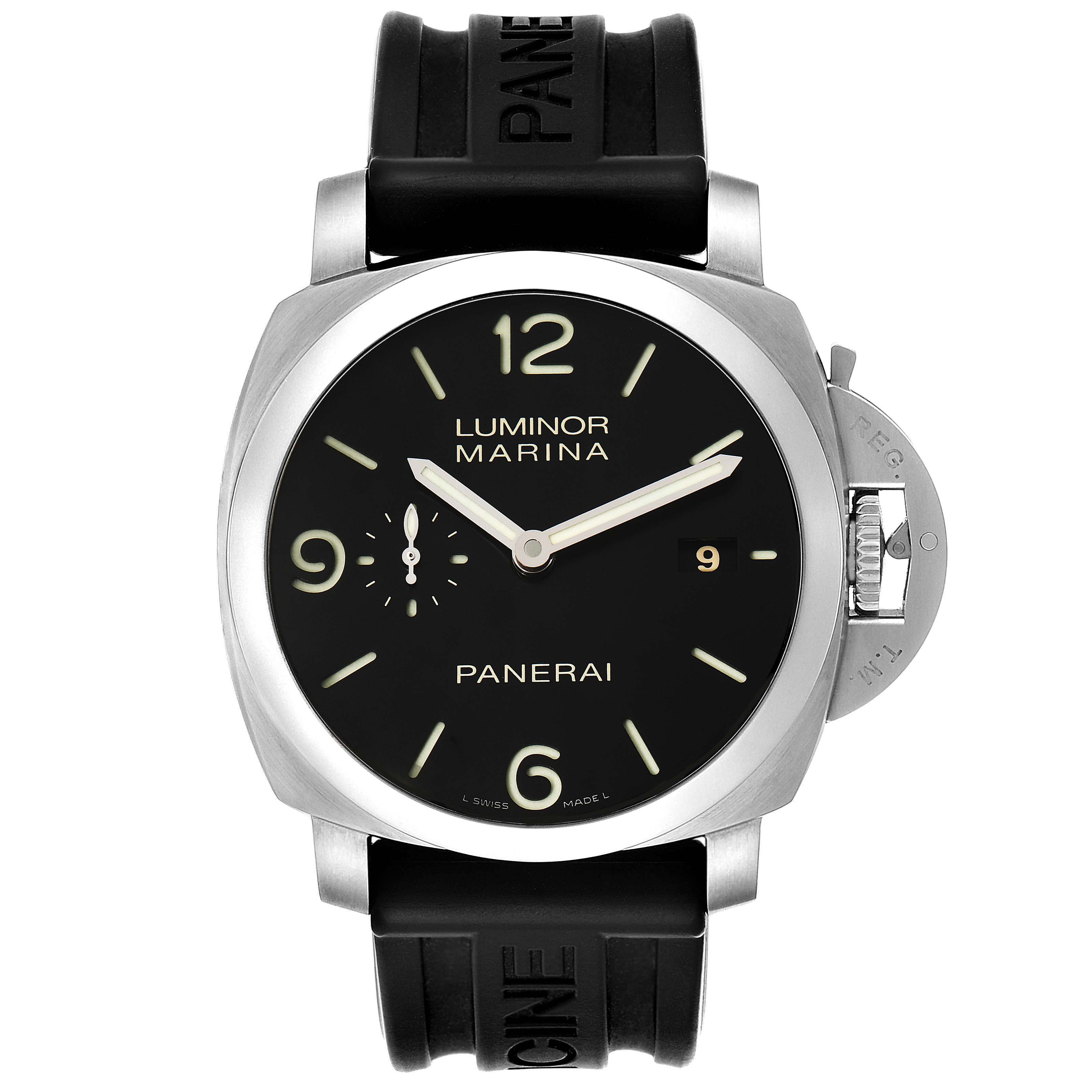 The image shows a front view of a Panerai Luminor PAM00312 Men
s Stainless Steel Black Dial PAM00312 Men
s Stainless Steel Black Dial Marina watch, highlighting its black dial, strap, and crown protector.
