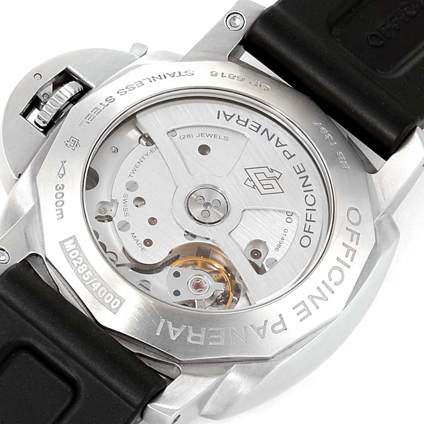 The image shows the back view of a Panerai Luminor PAM00312 Men
s Stainless Steel Black Dial PAM00312 Men
s Stainless Steel Black Dial watch, highlighting its internal mechanical movement.