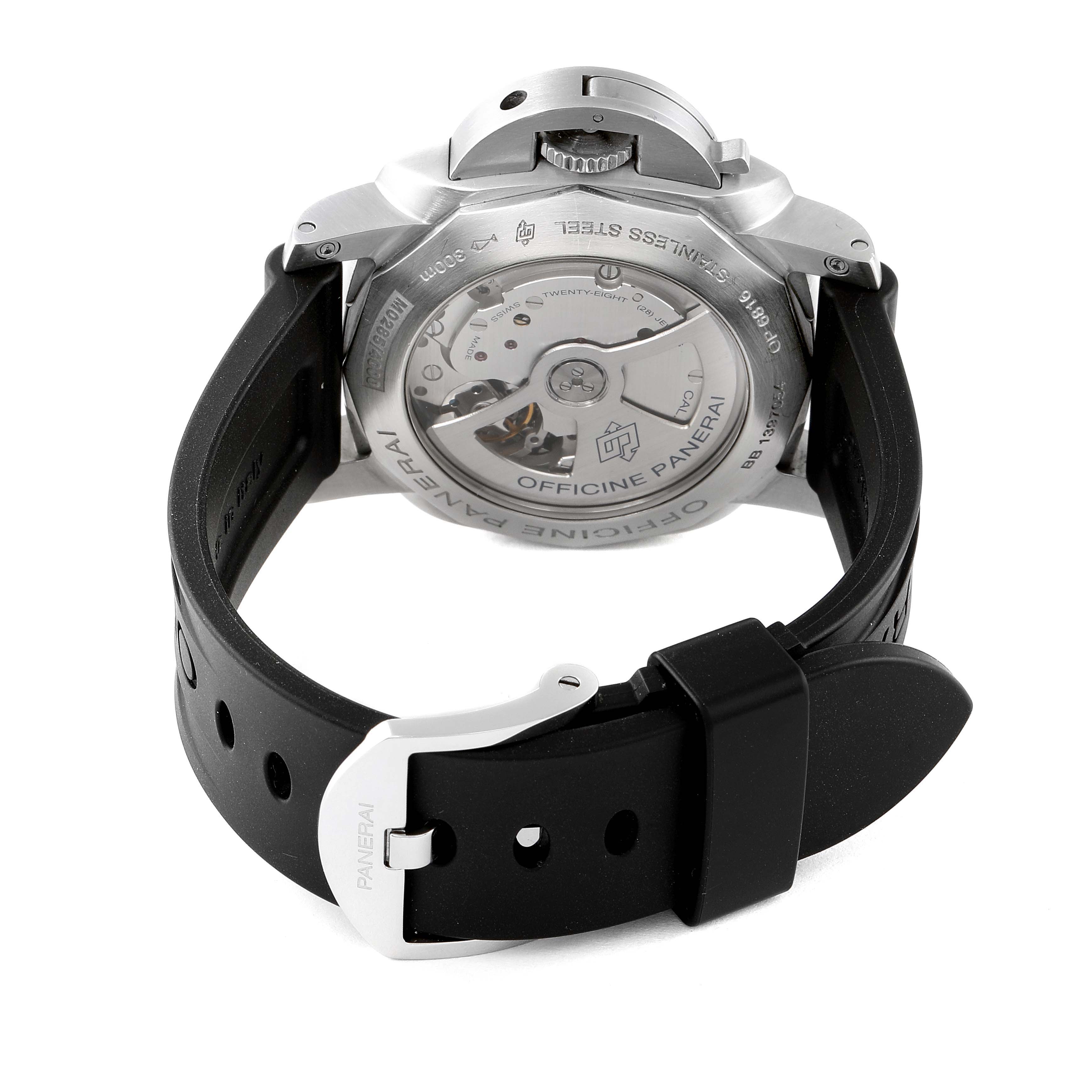 The image displays the back of the Panerai Luminor PAM00312 Men
s Stainless Steel Black Dial PAM00312 Men
s Stainless Steel Black Dial watch, showcasing its movement and black strap with a buckle.