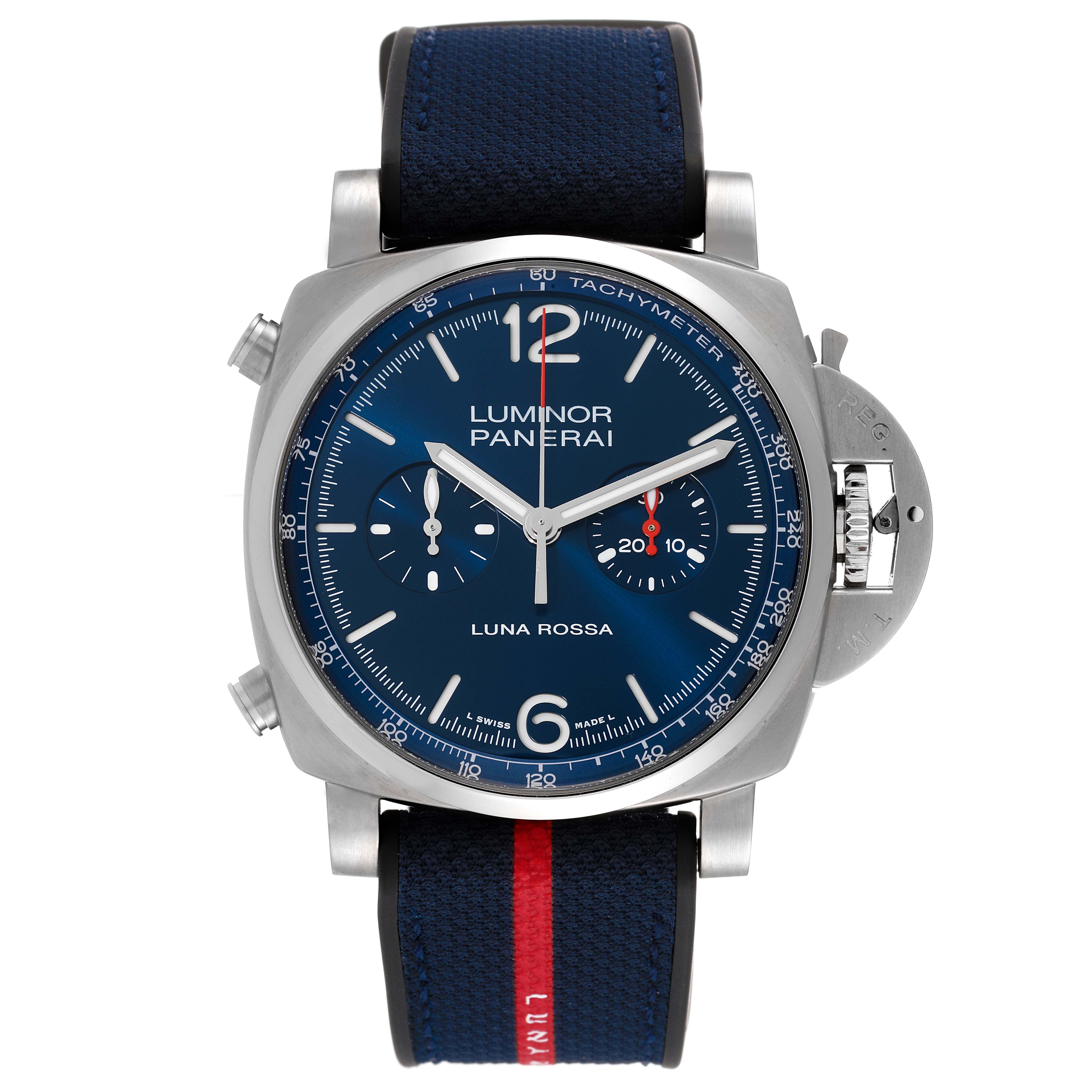 The image shows a front view of a Panerai Luminor PAM01303 Men's Stainless Steel Blue Dial PAM01303 Men's Stainless Steel Blue Dial watch, highlighting its blue dial, chronograph subdials, and blue strap with a red stripe.
