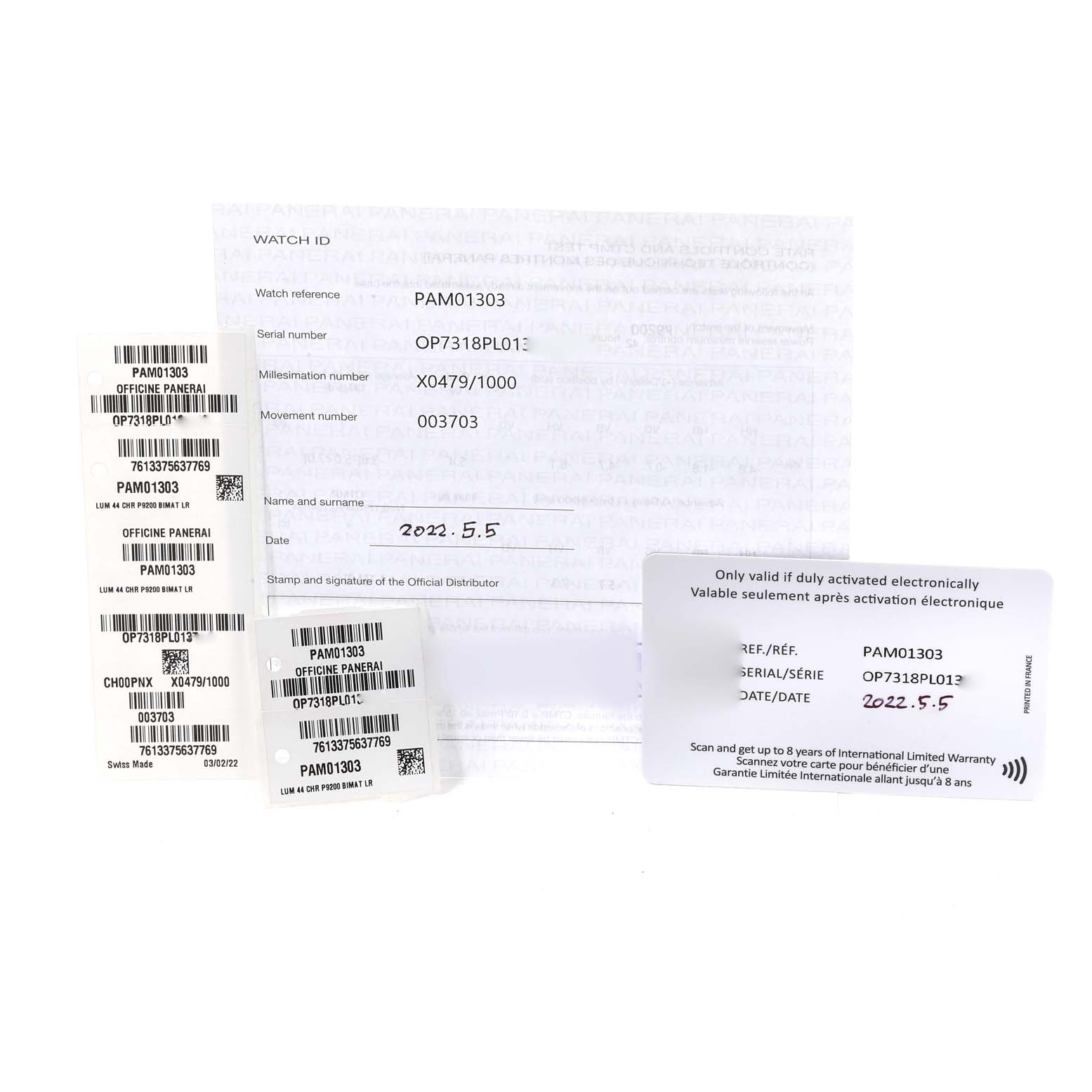 This image shows the documentation and warranty cards for a Panerai Luminor PAM01303 Men's Stainless Steel Blue Dial PAM01303 Men's Stainless Steel Blue Dial model PAM01303 watch.