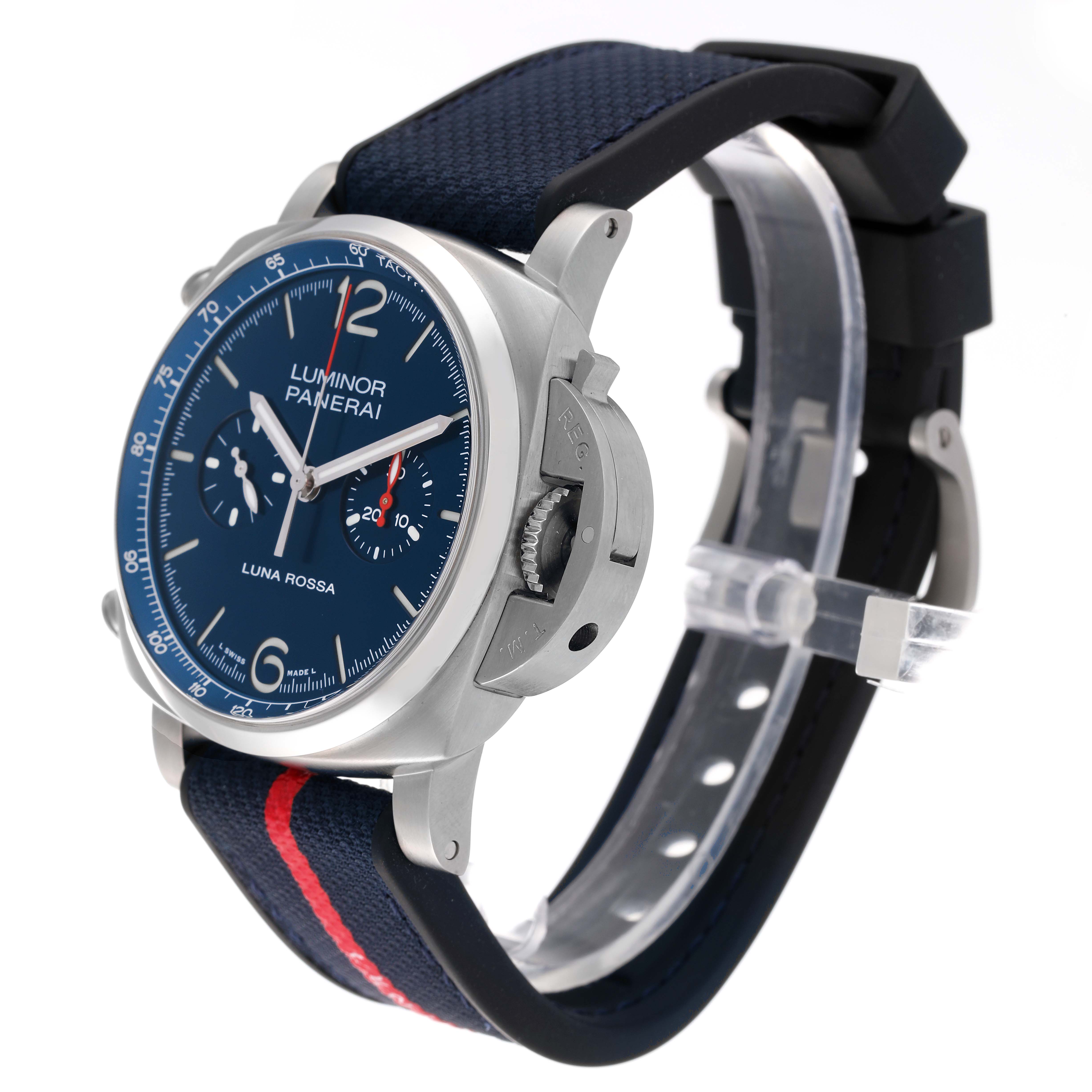 The image shows a side angle of a Panerai Luminor PAM01303 Men's Stainless Steel Blue Dial PAM01303 Men's Stainless Steel Blue Dial watch, featuring the face, crown guard, and strap.