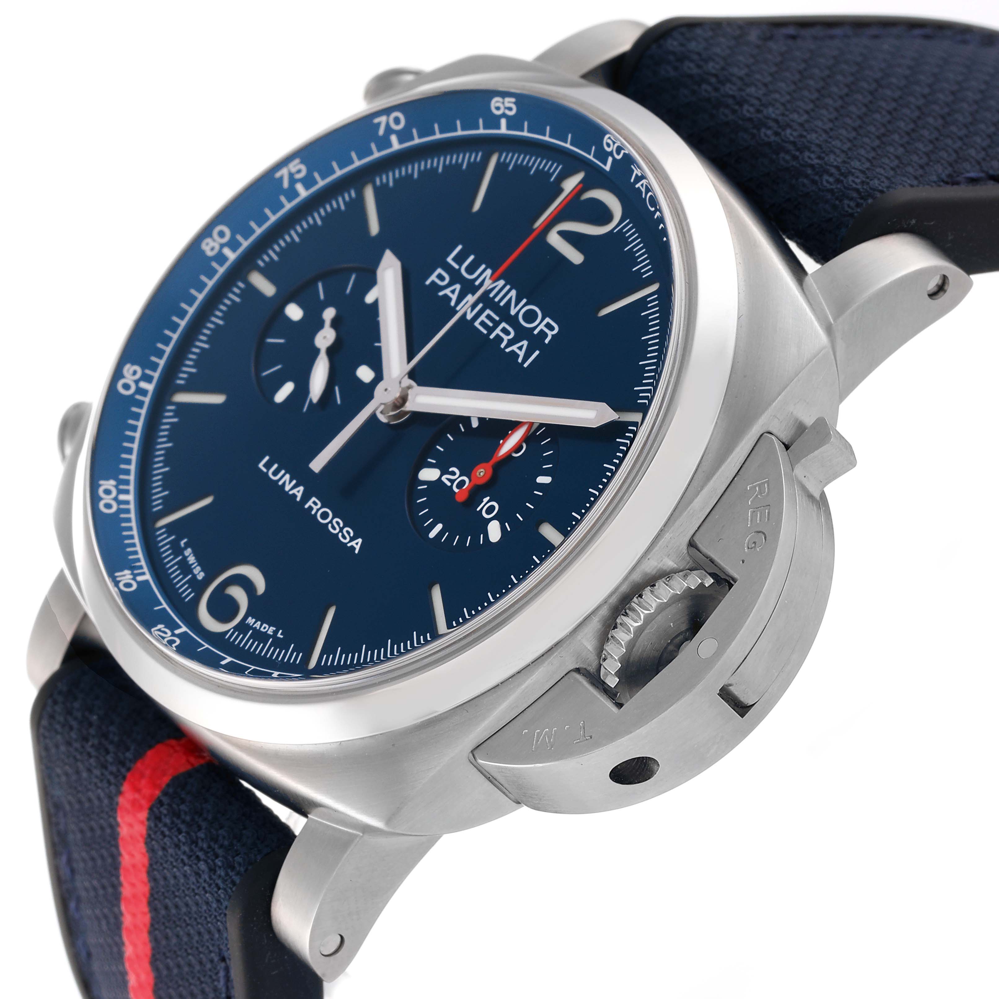 The image shows a close-up, angled view of the front and side of the Panerai Luminor PAM01303 Men's Stainless Steel Blue Dial PAM01303 Men's Stainless Steel Blue Dial watch, including its dial and crown guard.
