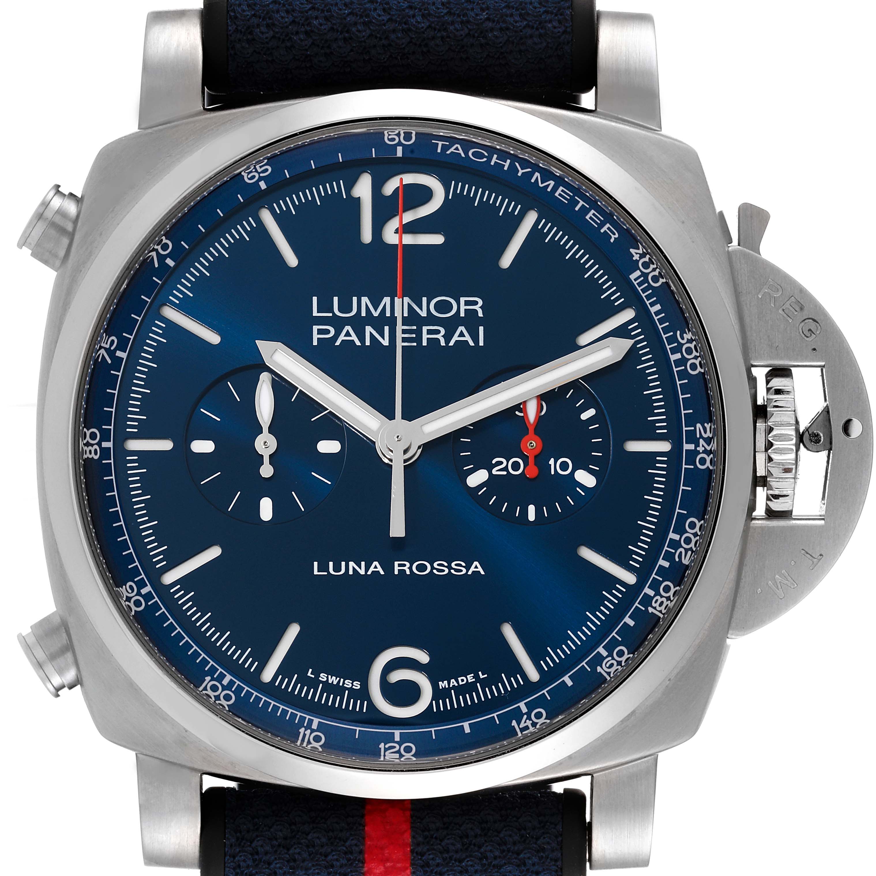 This is a front view of a Panerai Luminor PAM01303 Men's Stainless Steel Blue Dial PAM01303 Men's Stainless Steel Blue Dial watch, showing the dial, bezel, crown, and strap.