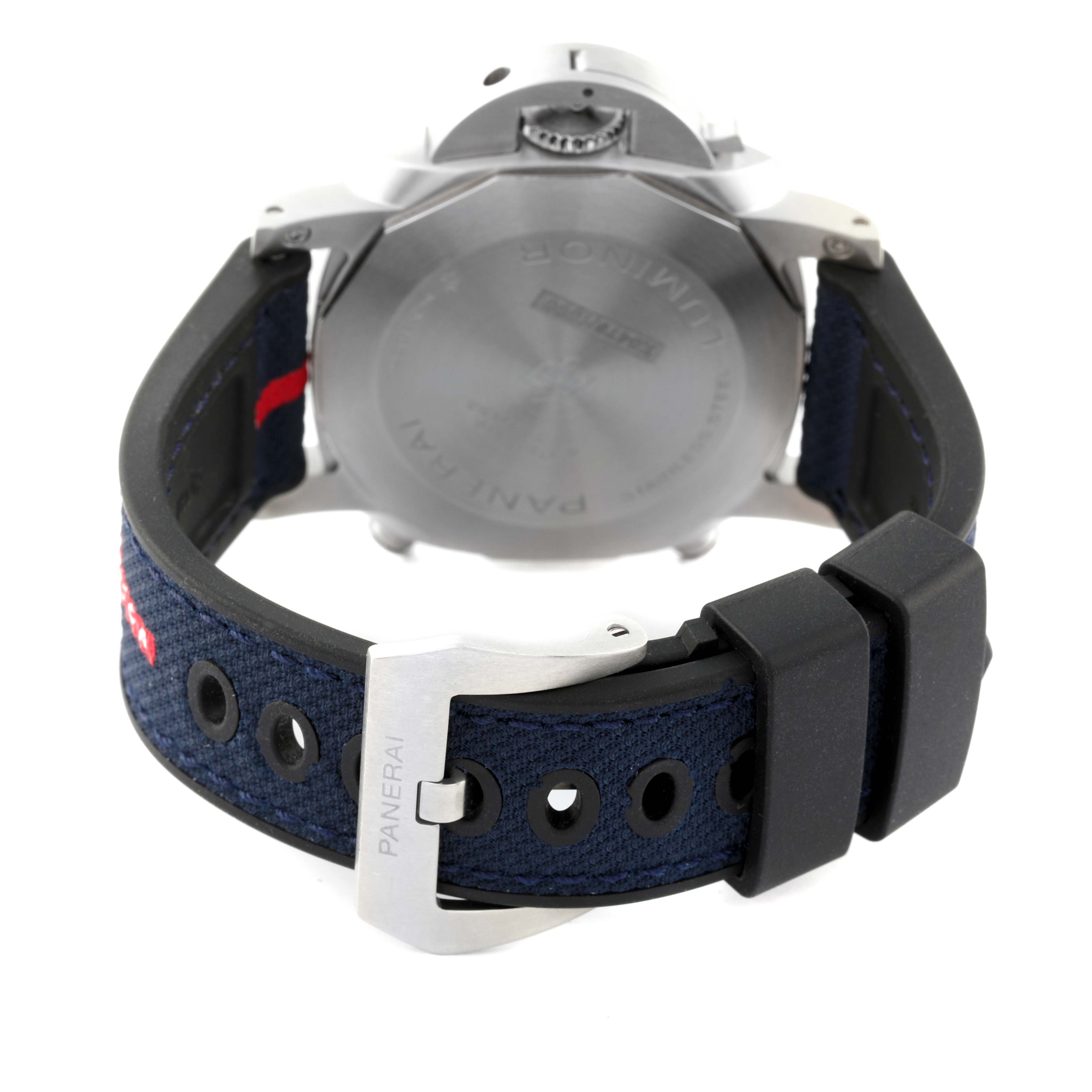 The image shows the back view of a Panerai Luminor PAM01303 Men's Stainless Steel Blue Dial PAM01303 Men's Stainless Steel Blue Dial watch, focusing on the strap and buckle.