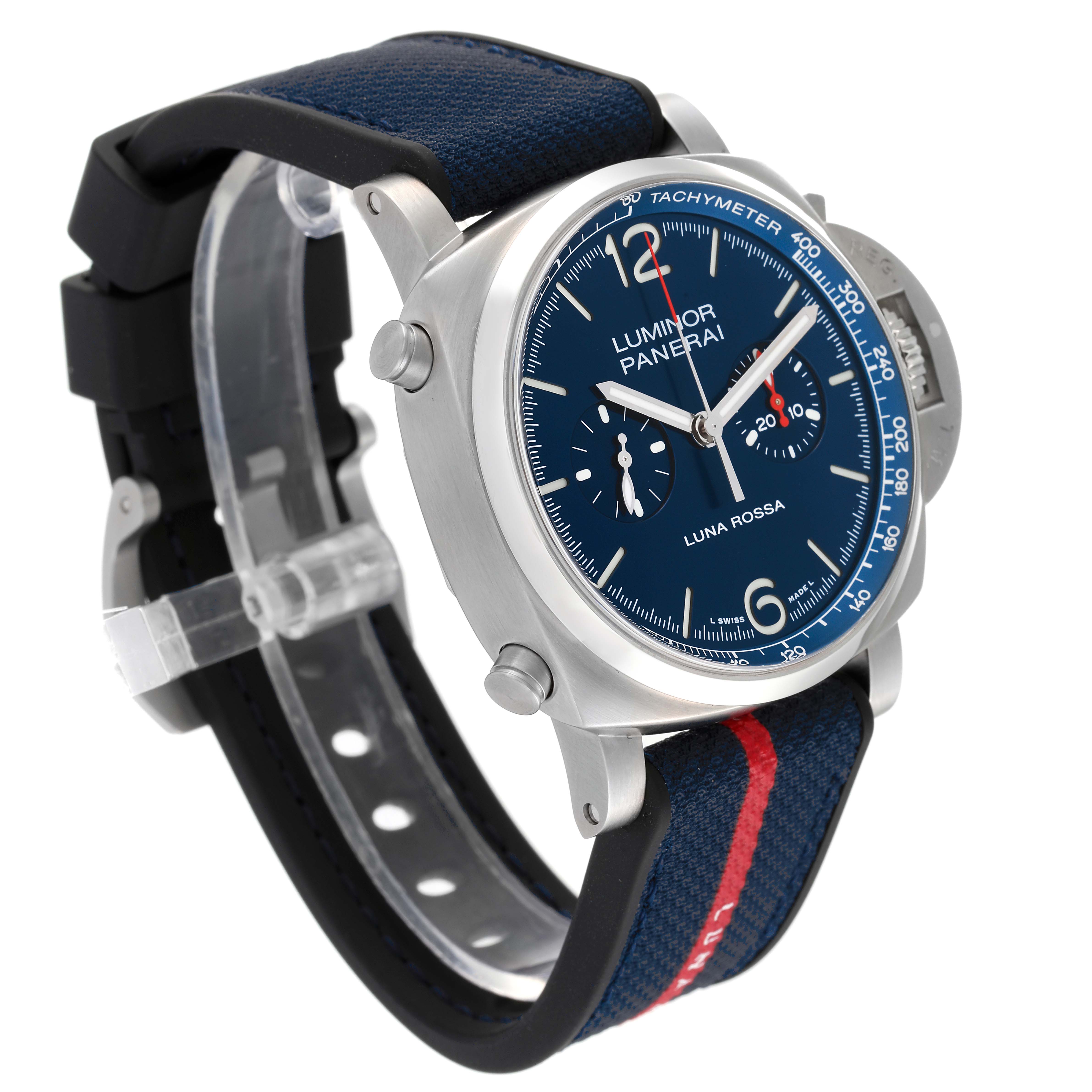 The Panerai Luminor PAM01303 Men's Stainless Steel Blue Dial PAM01303 Men's Stainless Steel Blue Dial watch is shown at an angle highlighting the face, strap, and side buttons.