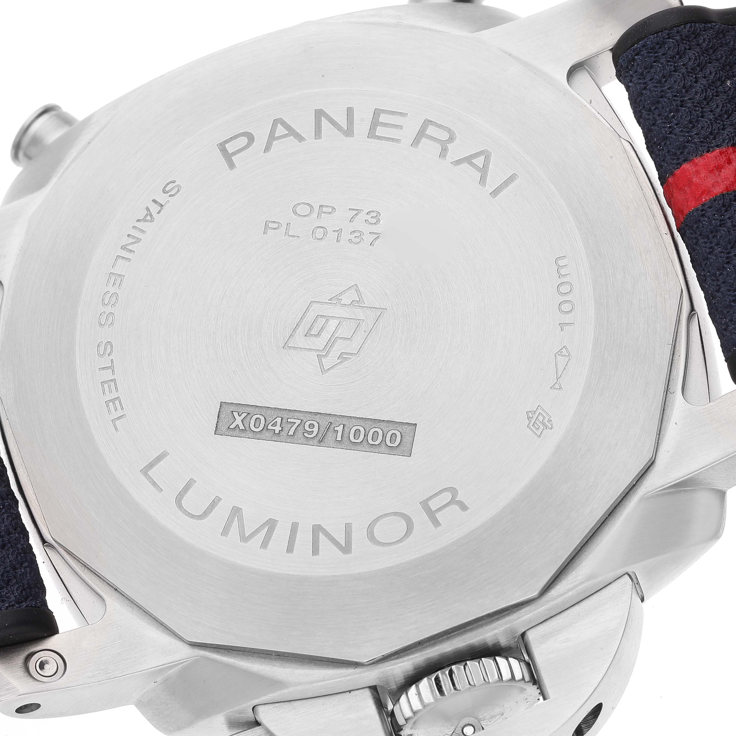 The image shows the back case of a Panerai Luminor PAM01303 Men's Stainless Steel Blue Dial PAM01303 Men's Stainless Steel Blue Dial watch, featuring branding and model details.