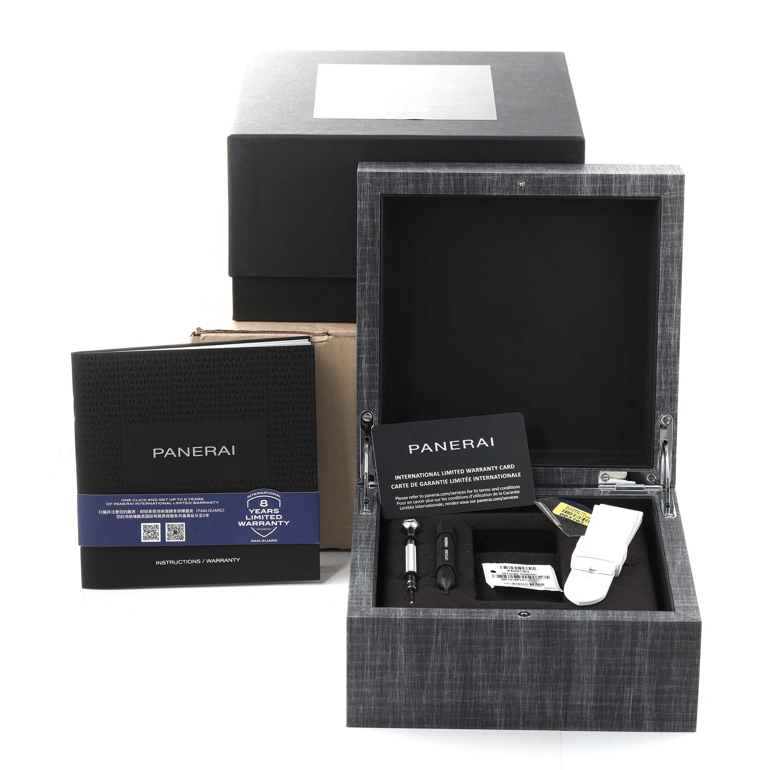 The image shows a top-down view of the Panerai Luminor PAM01303 Men's Stainless Steel Blue Dial PAM01303 Men's Stainless Steel Blue Dial watch box with accessories, tools, and warranty cards.