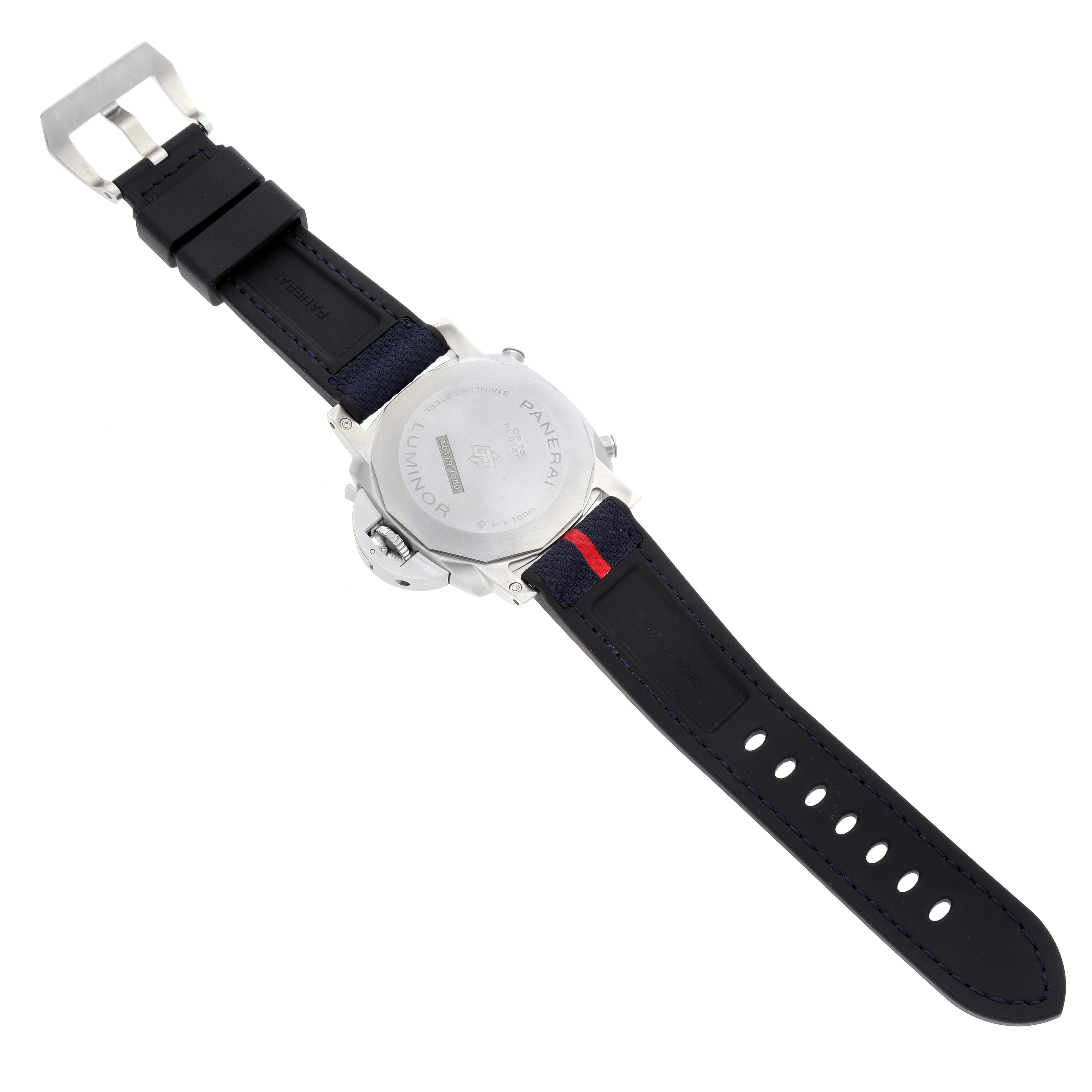 The image shows the back and strap of a Panerai Luminor PAM01303 Men's Stainless Steel Blue Dial PAM01303 Men's Stainless Steel Blue Dial watch, highlighting the case back, buckle, and strap.