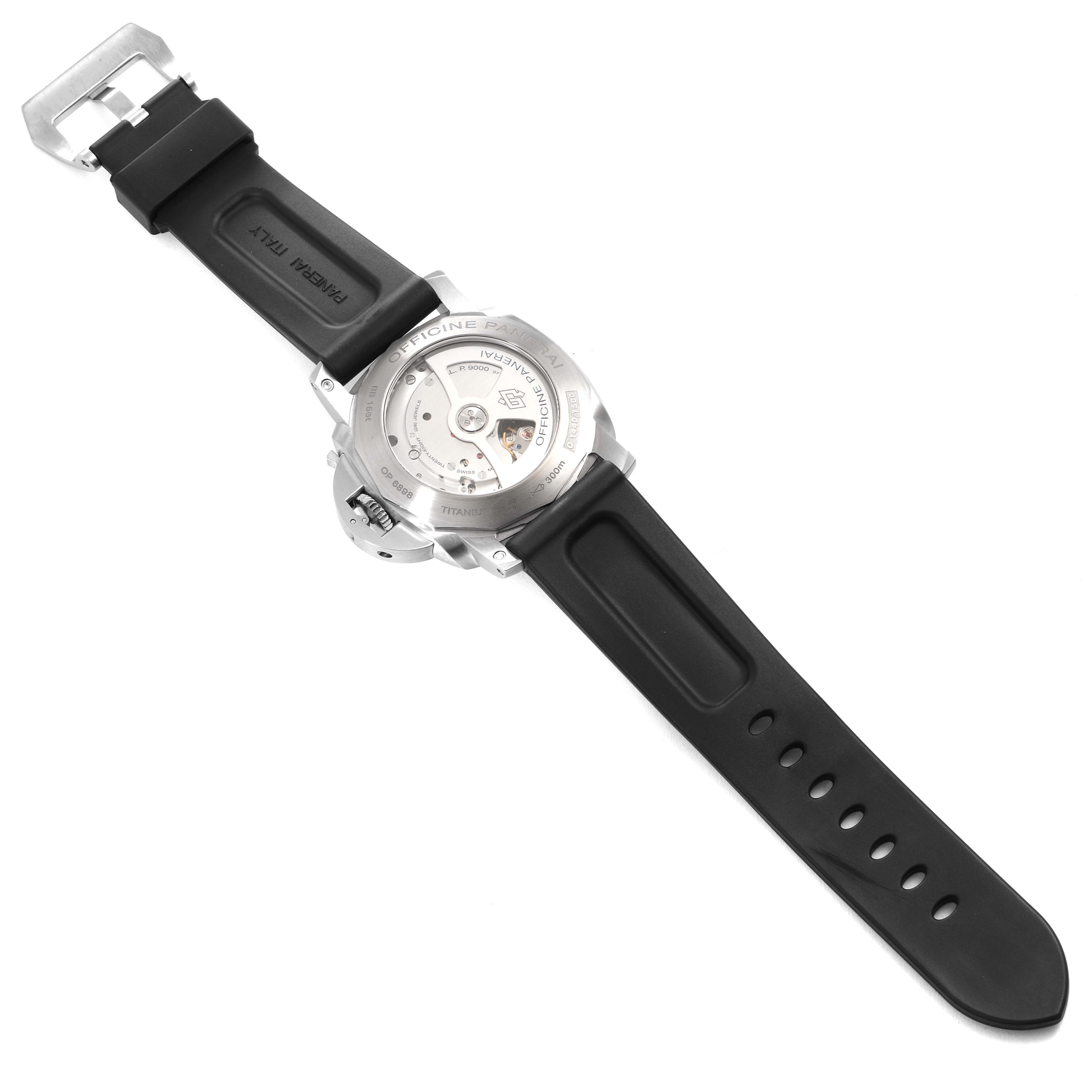 The image shows the back view of a Panerai Luminor PAM00351 Men's Titanium Black Dial PAM00351 Men's Titanium Black Dial watch, highlighting its case back and black rubber strap.