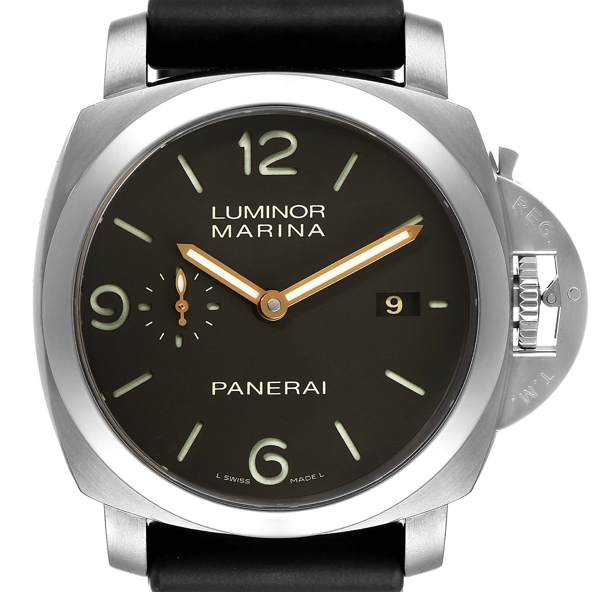 The image shows a front view of a Panerai Luminor PAM00351 Men's Titanium Black Dial PAM00351 Men's Titanium Black Dial watch, displaying the dial, hands, and crown guard.