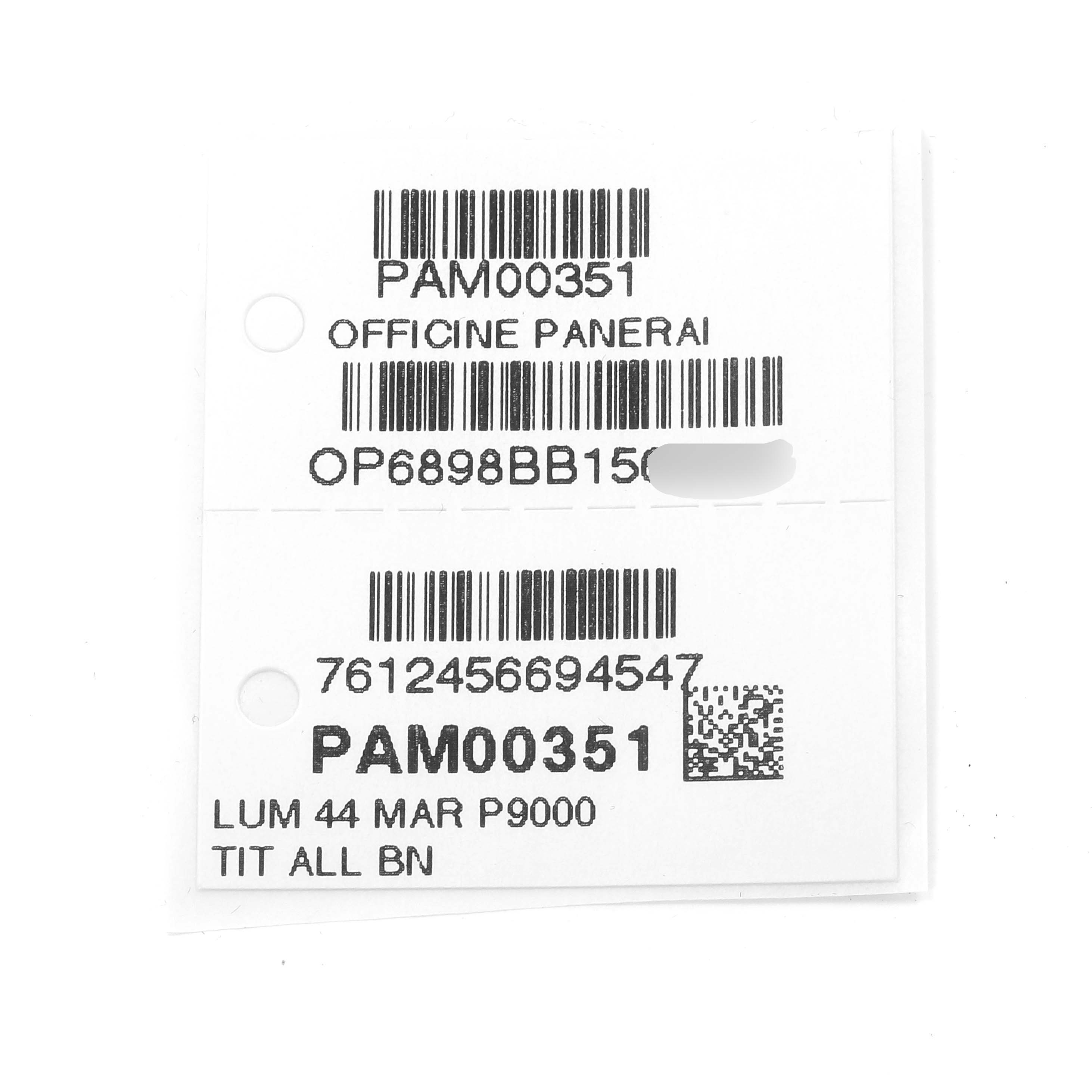 This image shows a close-up of the label for a Panerai Luminor PAM00351 Men's Titanium Black Dial PAM00351 Men's Titanium Black Dial model PAM00351 watch.