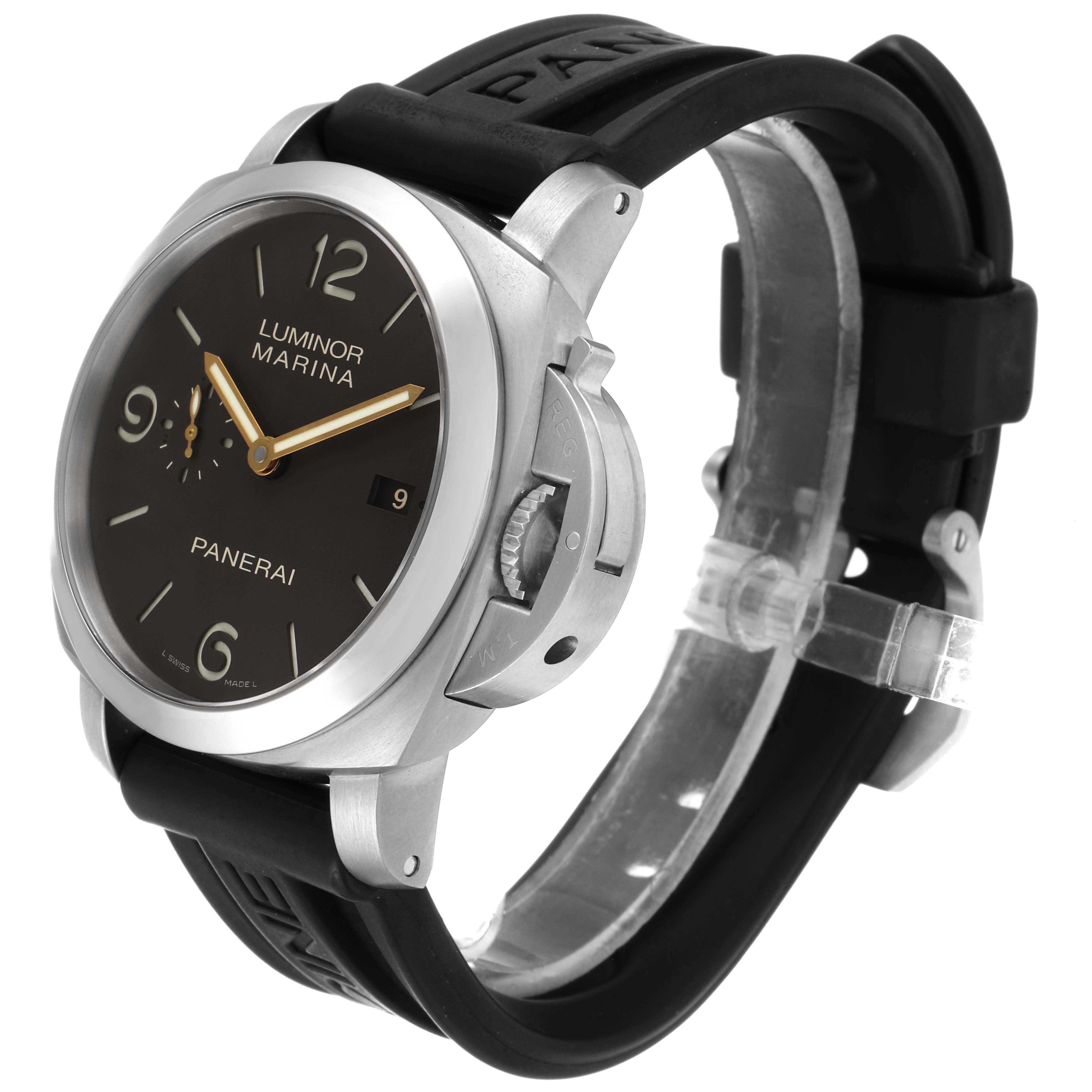 The image shows a Panerai Luminor PAM00351 Men's Titanium Black Dial PAM00351 Men's Titanium Black Dial watch at a three-quarter angle, highlighting the dial, crown guard, and strap.