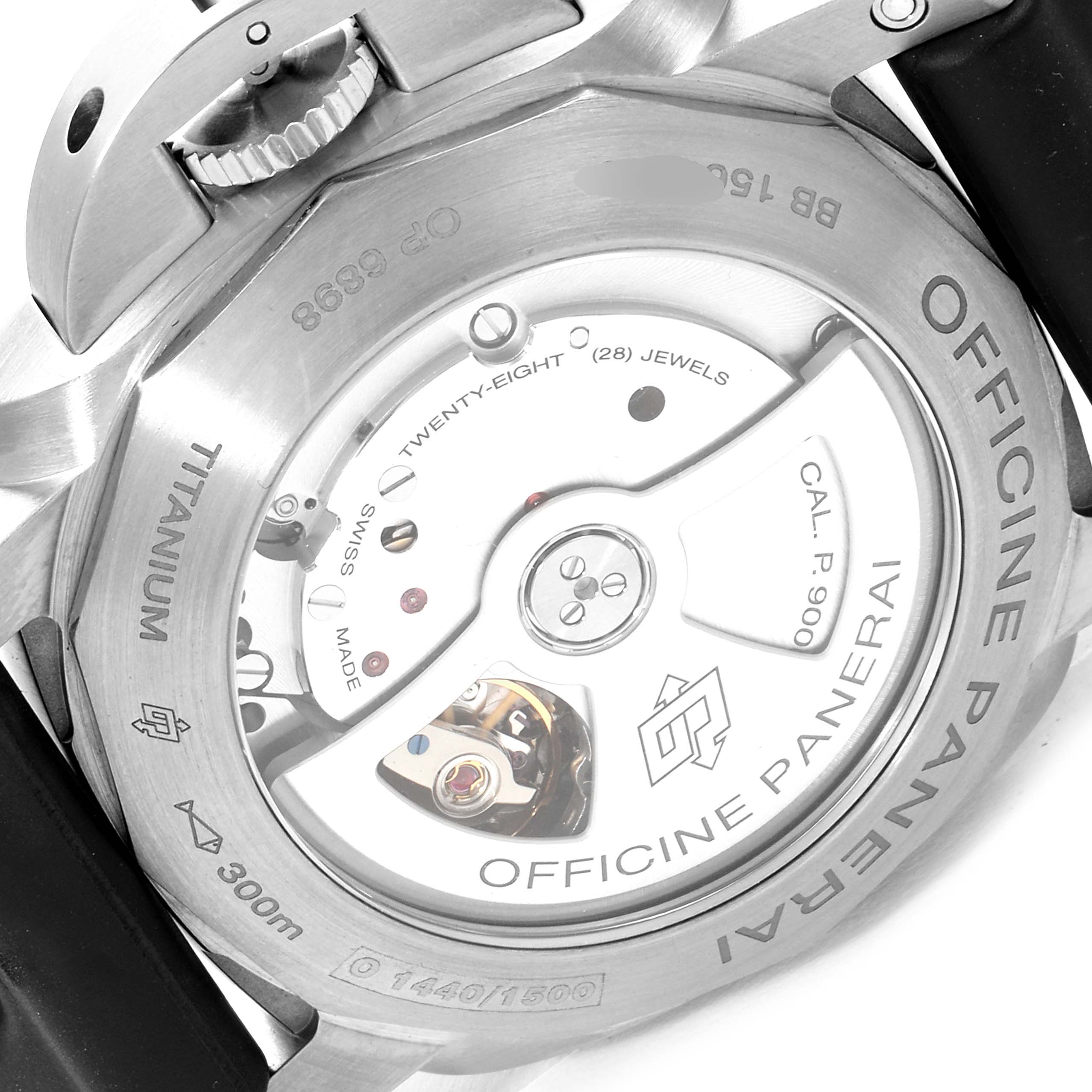 The image shows the back view of the Panerai Luminor PAM00351 Men's Titanium Black Dial PAM00351 Men's Titanium Black Dial watch, highlighting the movement and case details.