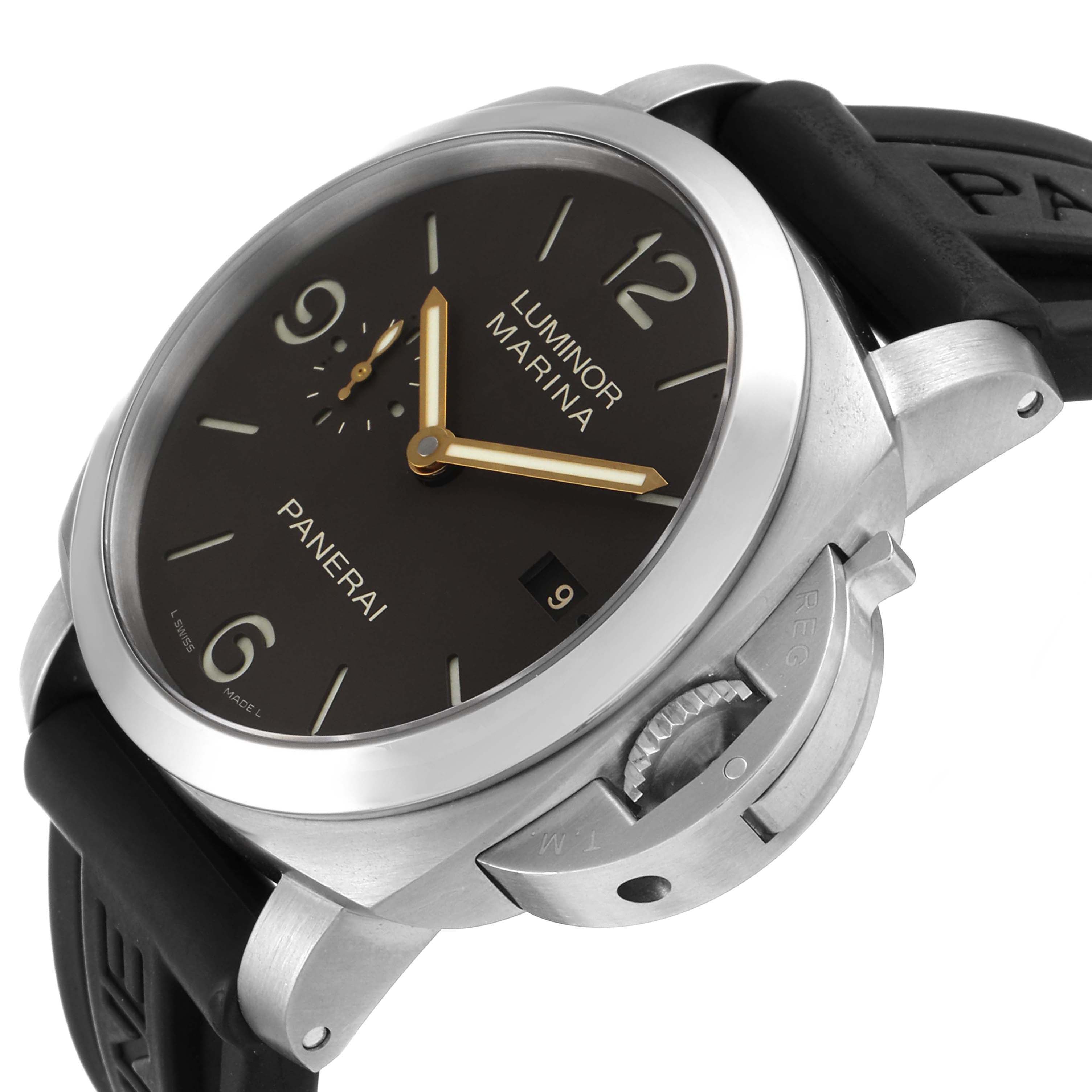This image shows a close-up side angle of the Panerai Luminor PAM00351 Men's Titanium Black Dial PAM00351 Men's Titanium Black Dial model watch with its crown guard and rubber strap visible.