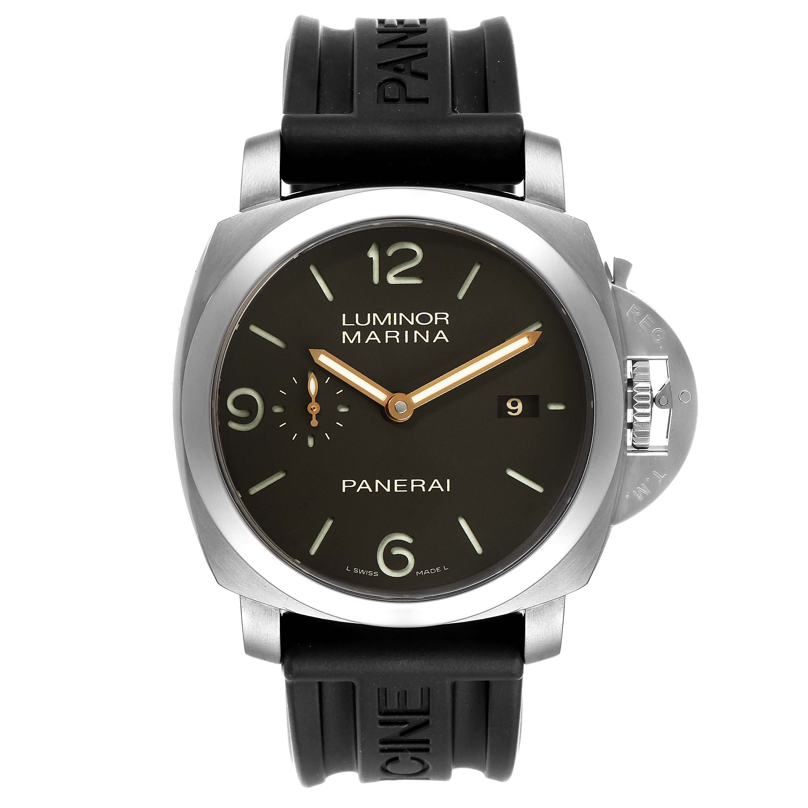 This image shows a front view of the Panerai Luminor PAM00351 Men's Titanium Black Dial PAM00351 Men's Titanium Black Dial Marina watch, highlighting the dial, case, crown guard, and rubber strap.