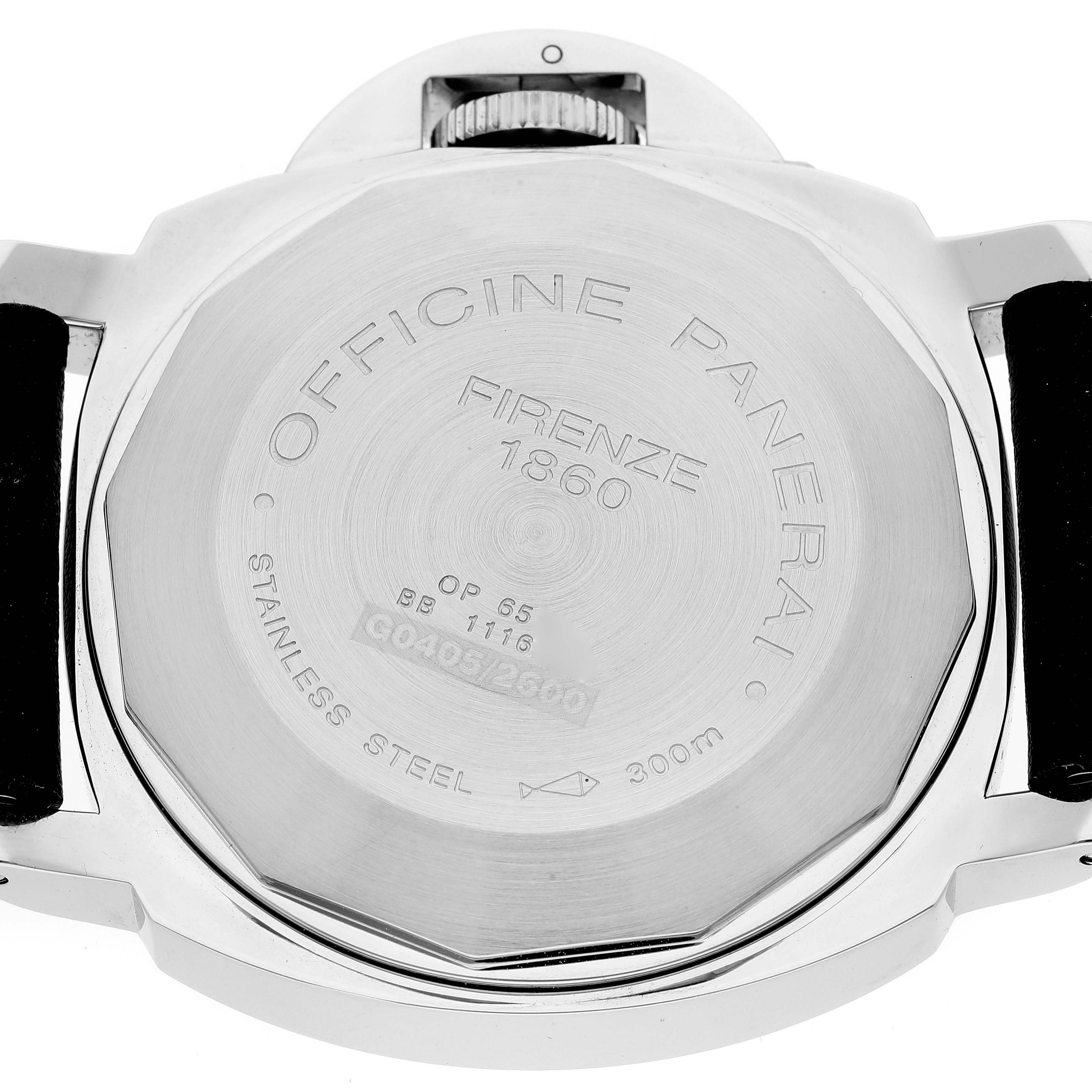 The image shows the case back of a Panerai Luminor PAM00104 Men's Stainless Steel Black Dial PAM00104 Men's Stainless Steel Black Dial watch, including the crown guard and strap attachments.