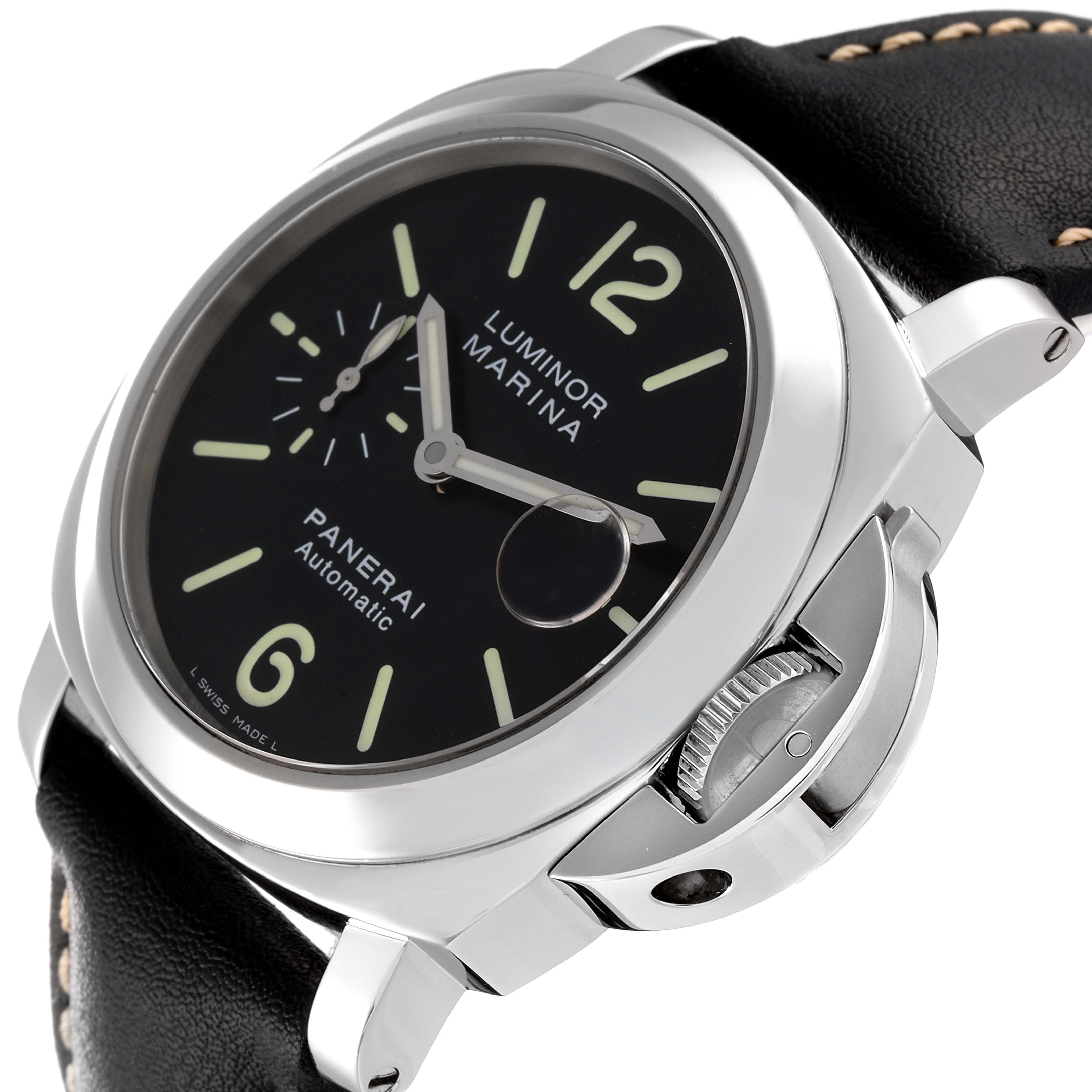 The image shows a Panerai Luminor PAM00104 Men's Stainless Steel Black Dial PAM00104 Men's Stainless Steel Black Dial watch at a slight angle, highlighting its dial, crown, and part of the leather strap.