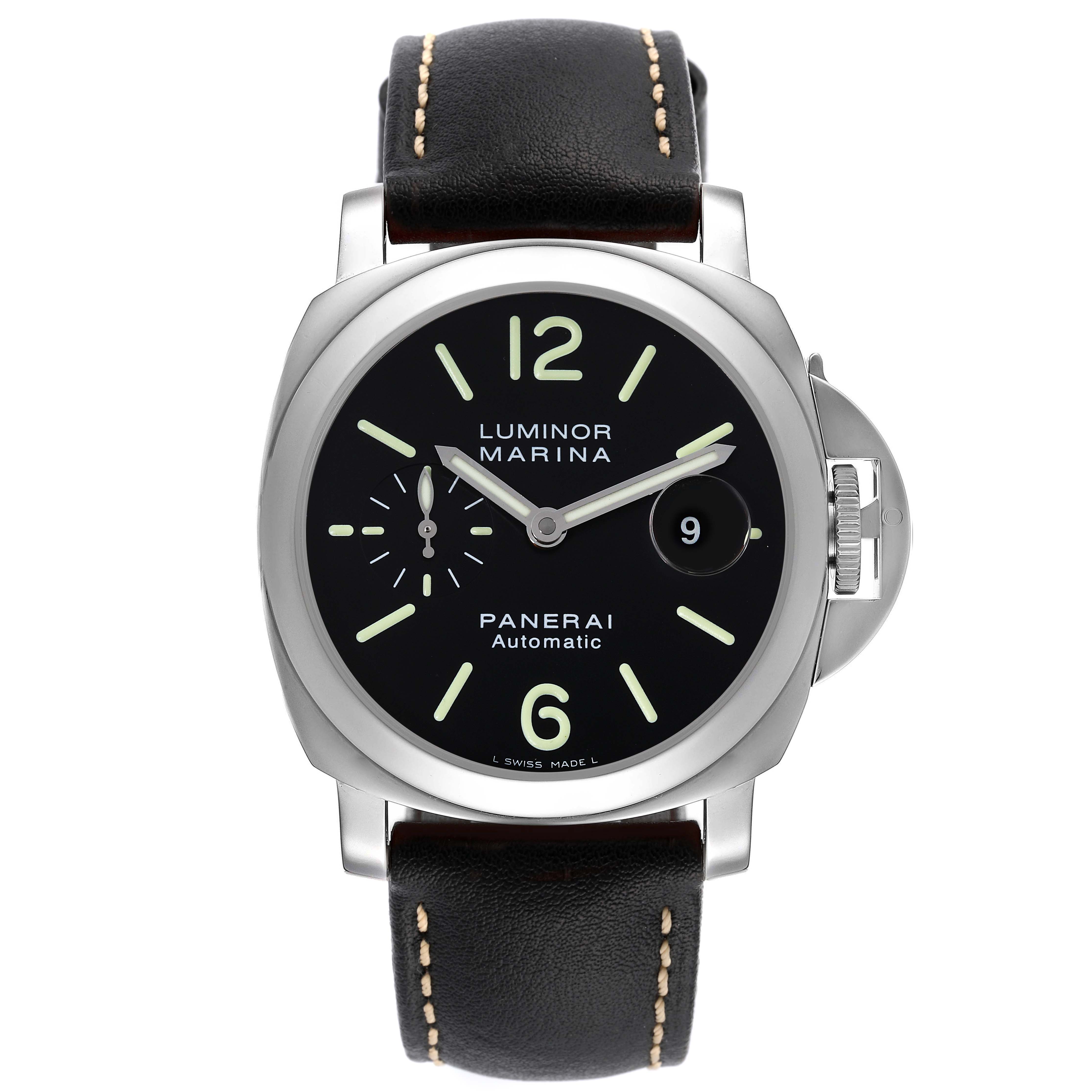 This image shows a front view of a Panerai Luminor PAM00104 Men's Stainless Steel Black Dial PAM00104 Men's Stainless Steel Black Dial model watch, highlighting the dial, hands, and leather strap.