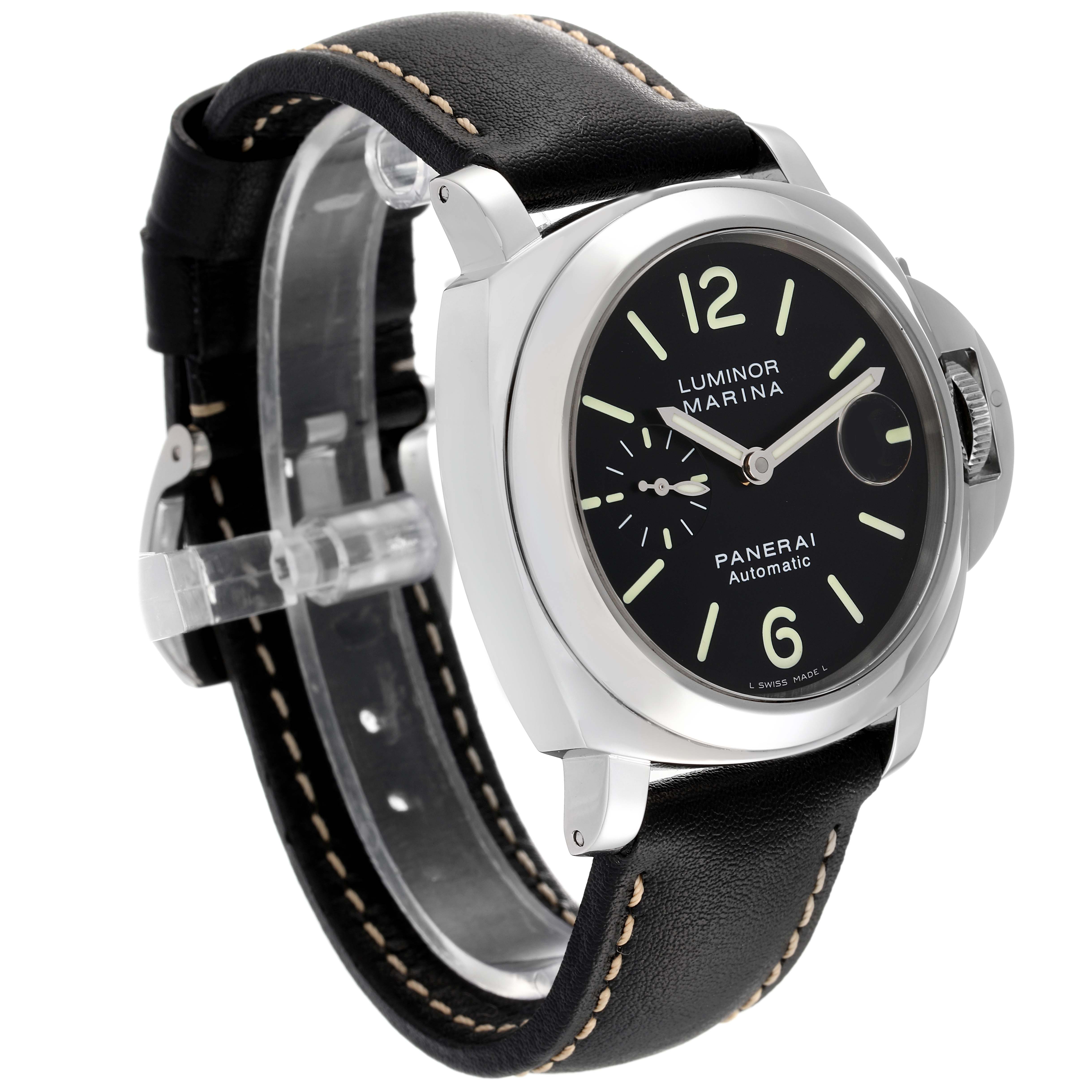 The image shows a Panerai Luminor PAM00104 Men's Stainless Steel Black Dial PAM00104 Men's Stainless Steel Black Dial watch at a three-quarter angle highlighting the dial, case, crown guard, and leather strap.