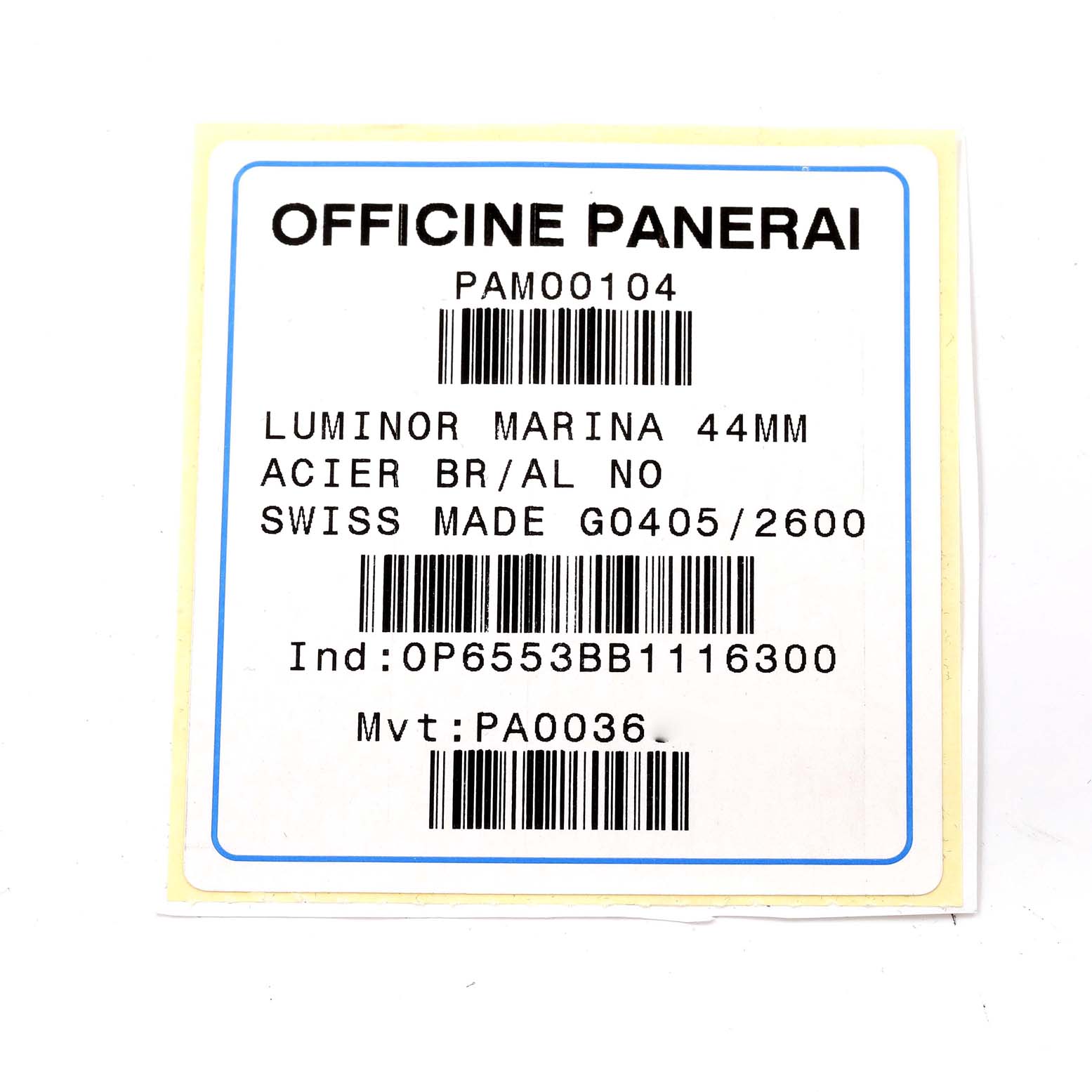 The image shows a label with details of a Panerai Luminor PAM00104 Men's Stainless Steel Black Dial PAM00104 Men's Stainless Steel Black Dial Marina 44mm watch model PAM00104, including codes and specifications.