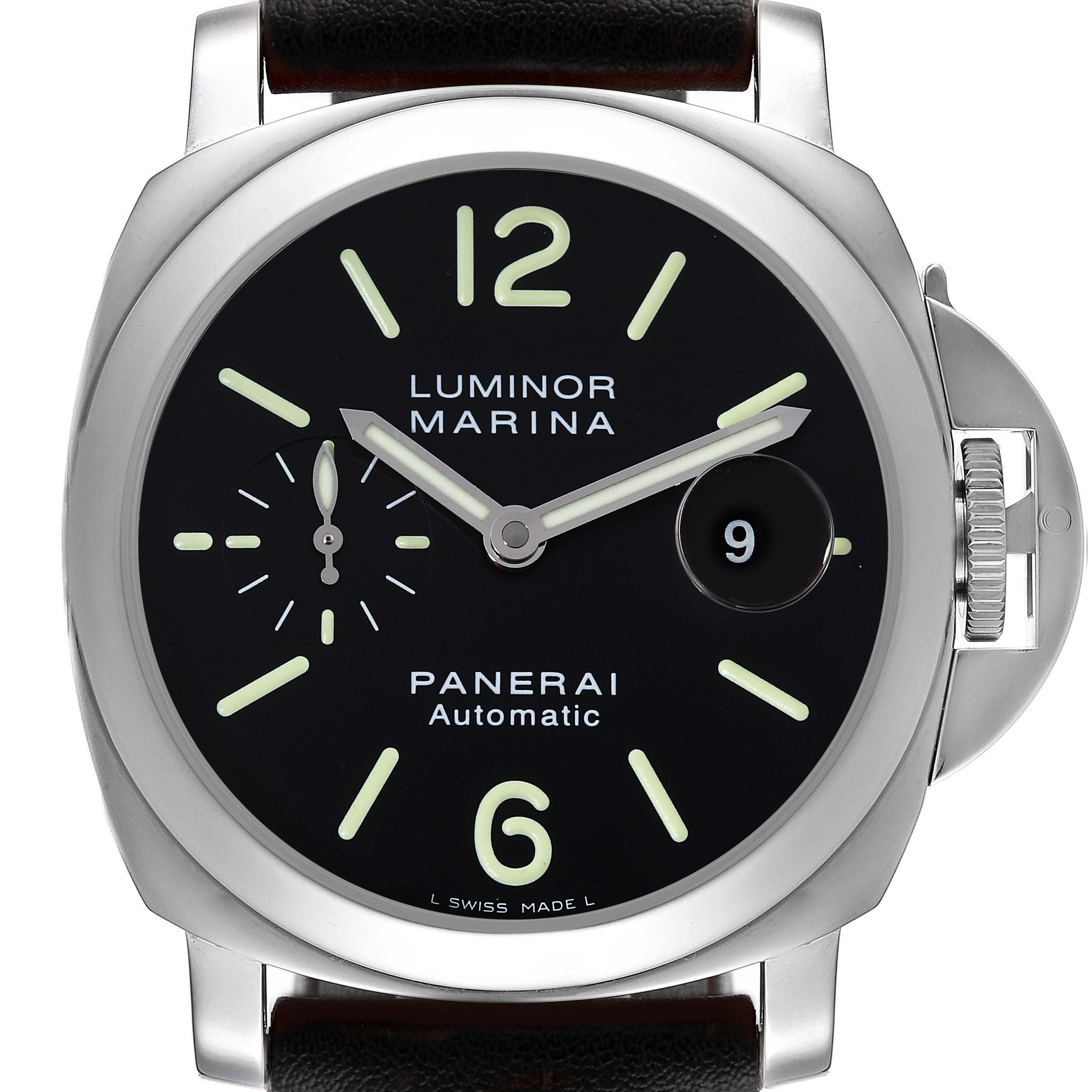 This image shows a frontal view of the Panerai Luminor PAM00104 Men's Stainless Steel Black Dial PAM00104 Men's Stainless Steel Black Dial Marina watch, highlighting its dial, hands, and crown guard.