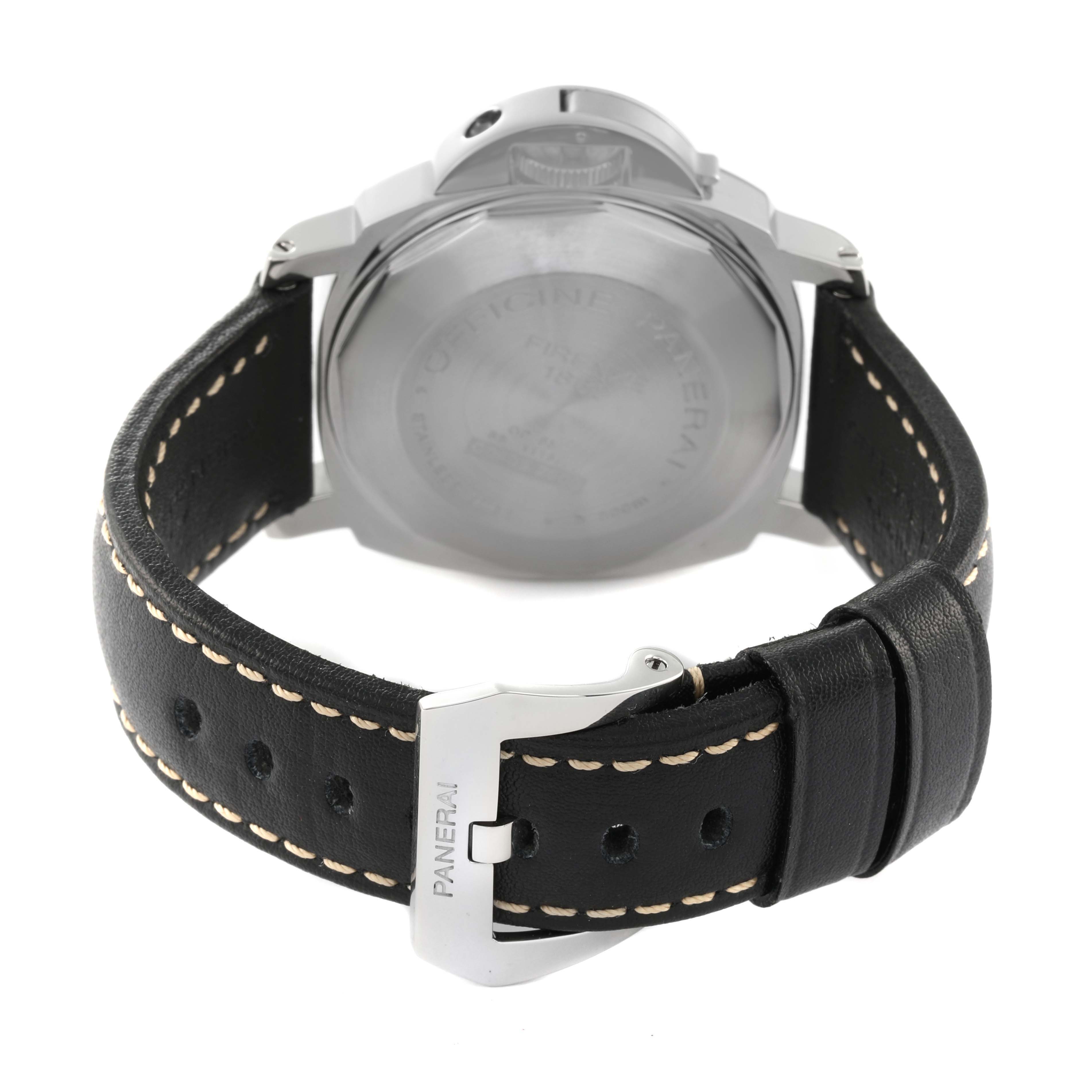 The image shows the back of a Panerai Luminor PAM00104 Men's Stainless Steel Black Dial PAM00104 Men's Stainless Steel Black Dial watch, highlighting the black leather strap and buckle.
