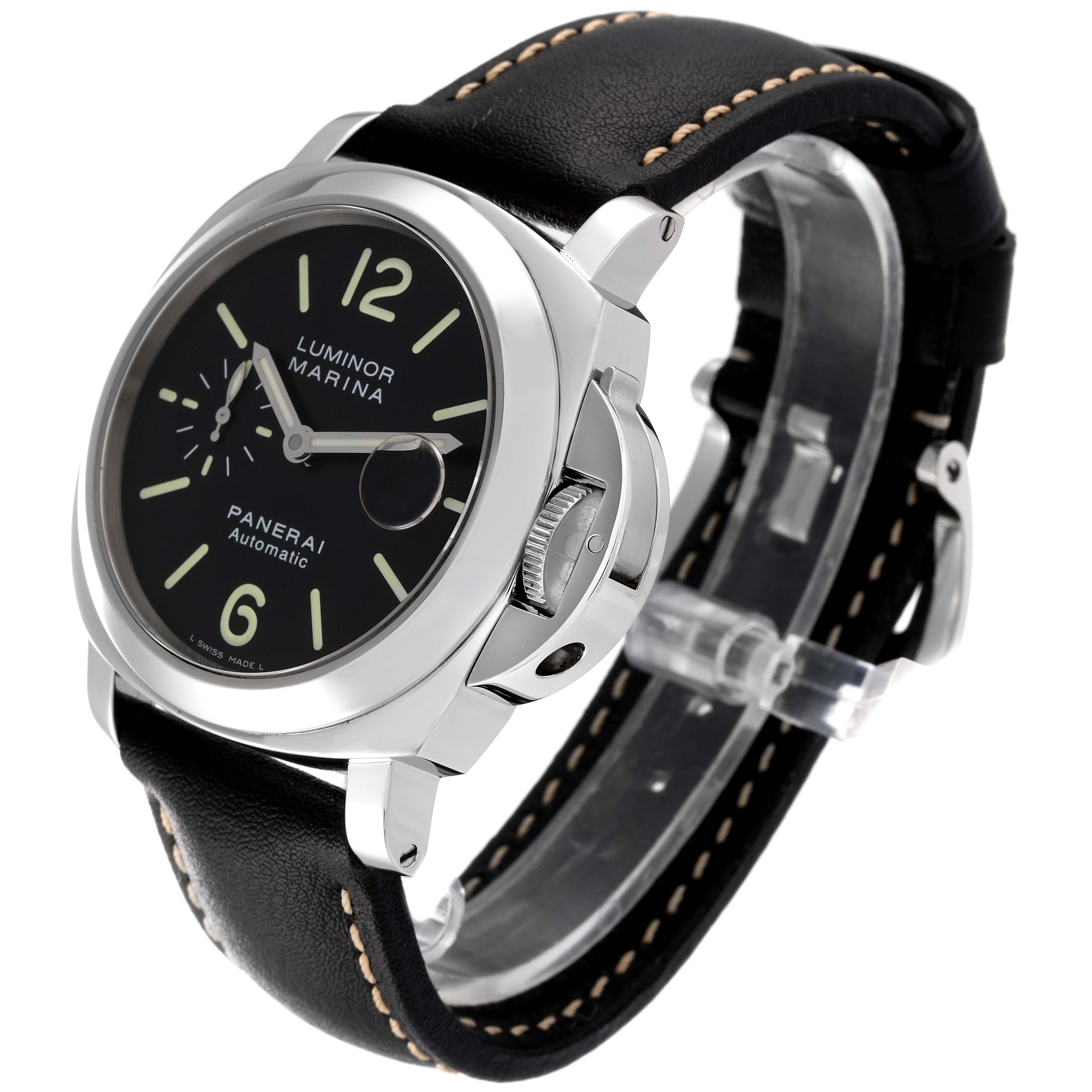 The image shows a Panerai Luminor PAM00104 Men's Stainless Steel Black Dial PAM00104 Men's Stainless Steel Black Dial Marina watch from a three-quarter front angle, highlighting the face, crown, and leather strap.