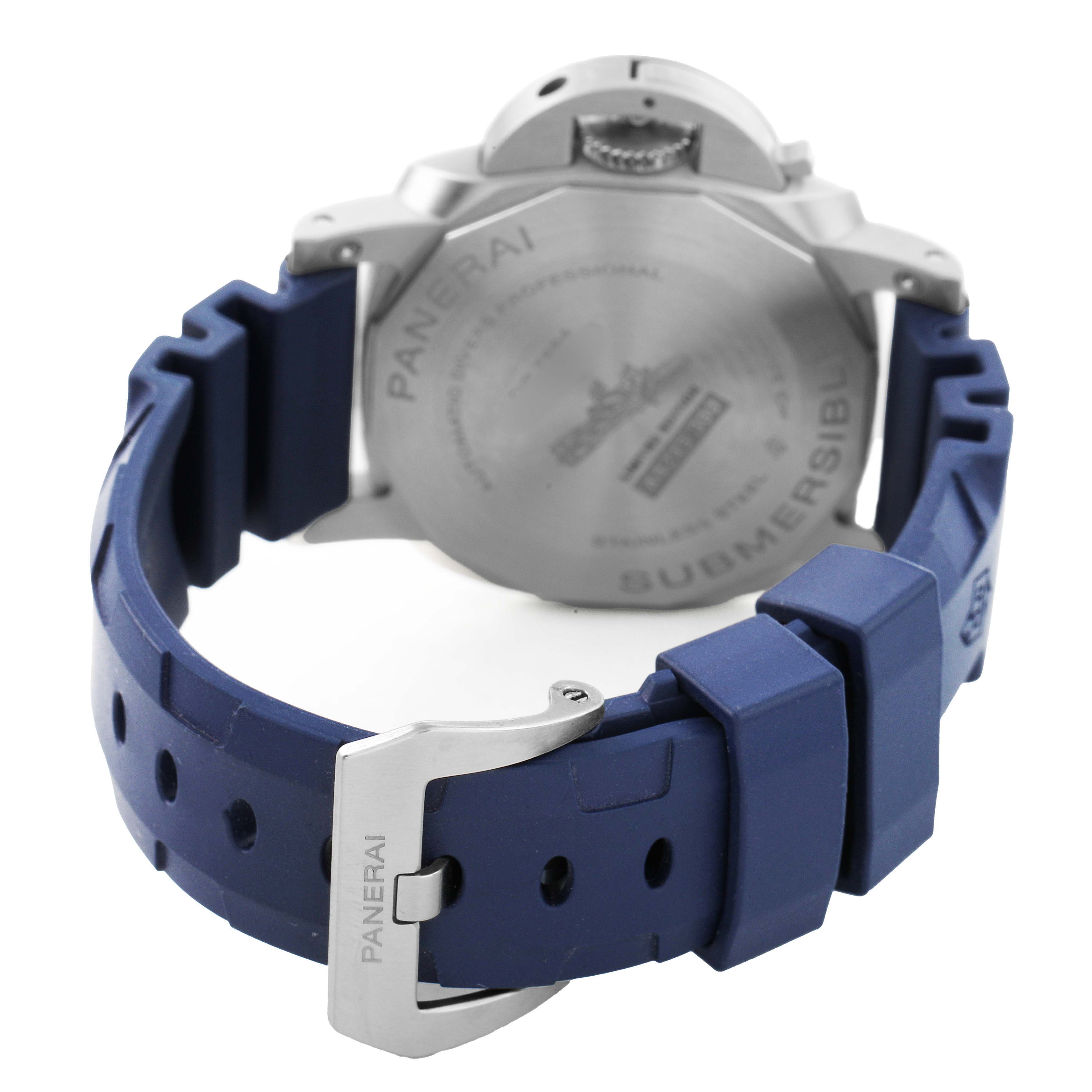 The image shows the back of a Panerai Submersible PAM01565 Men's Stainless Steel Blue Dial watch, highlighting the case back, blue strap, and buckle.