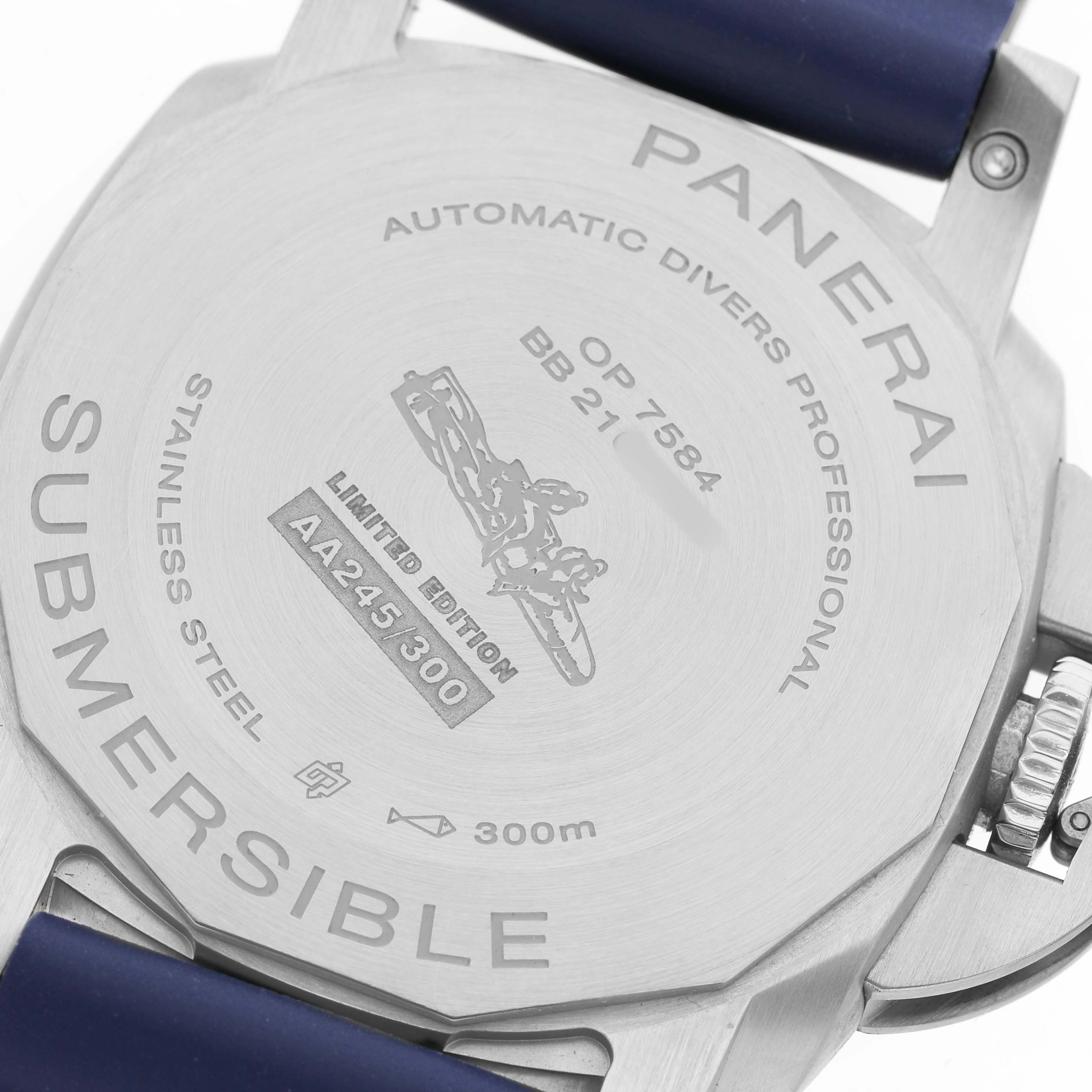 The image shows the back of a Panerai Submersible PAM01565 Men's Stainless Steel Blue Dial watch, displaying the case back and part of the strap.
