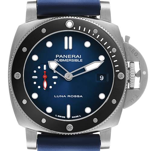 The Panerai Submersible PAM01565 Men's Stainless Steel Blue Dial watch is shown from the front, displaying the dial, bezel, crown guard, and strap attachments.