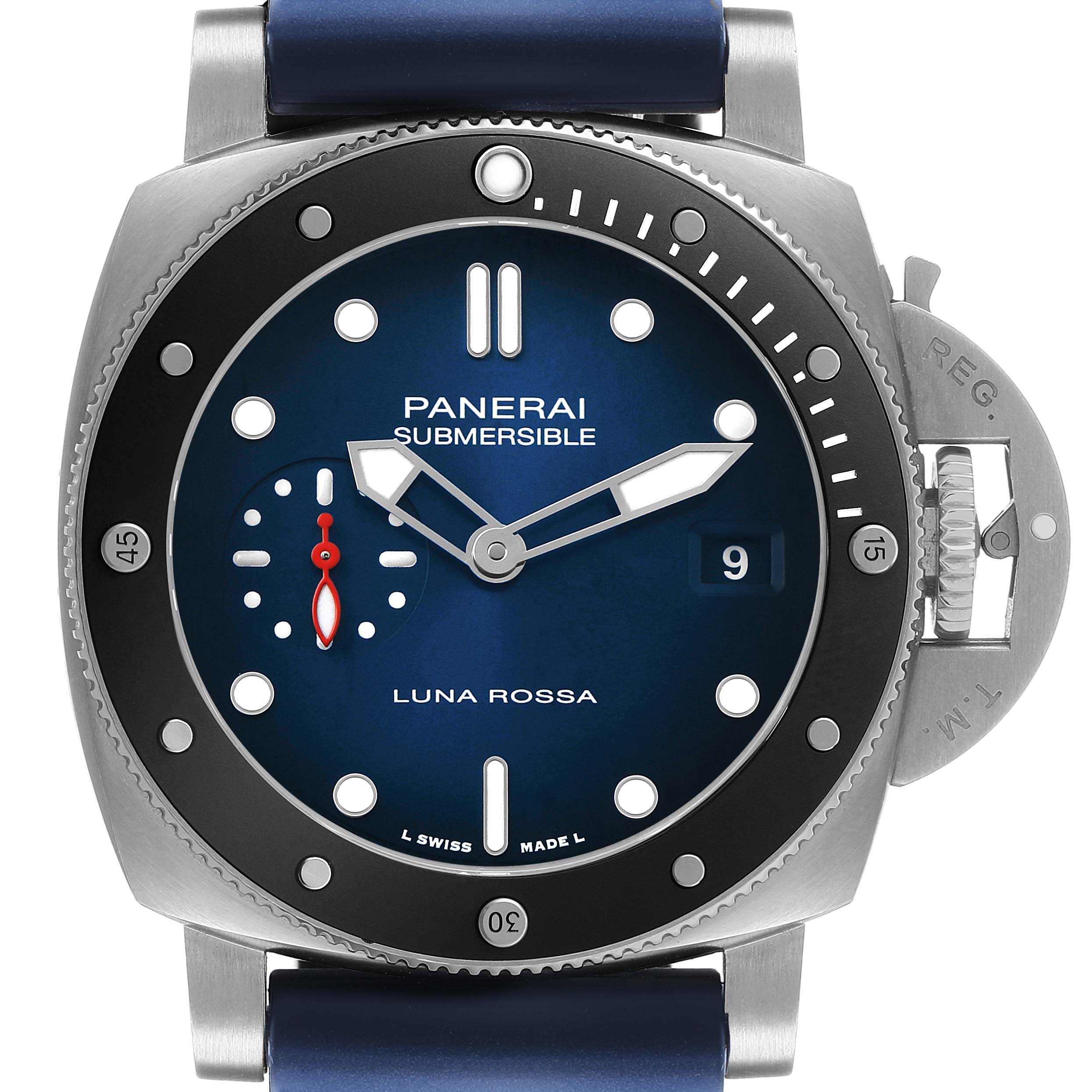 The image shows a front view of the Panerai Submersible PAM01565 Men's Stainless Steel Blue Dial watch, displaying the dial, bezel, and crown guard.