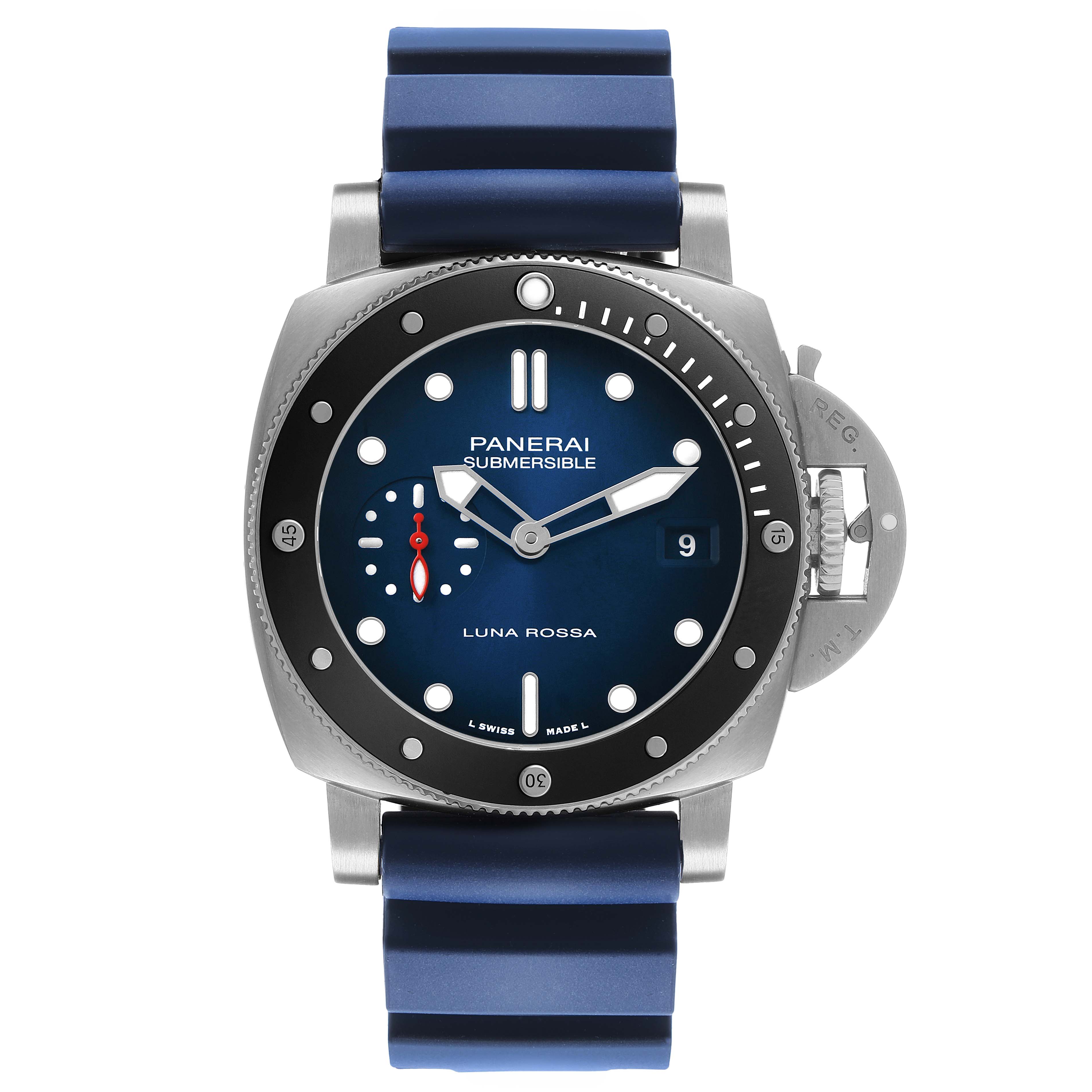 The Panerai Submersible PAM01565 Men's Stainless Steel Blue Dial watch is shown from a front view, highlighting its blue dial, rubber strap, and signature crown guard.