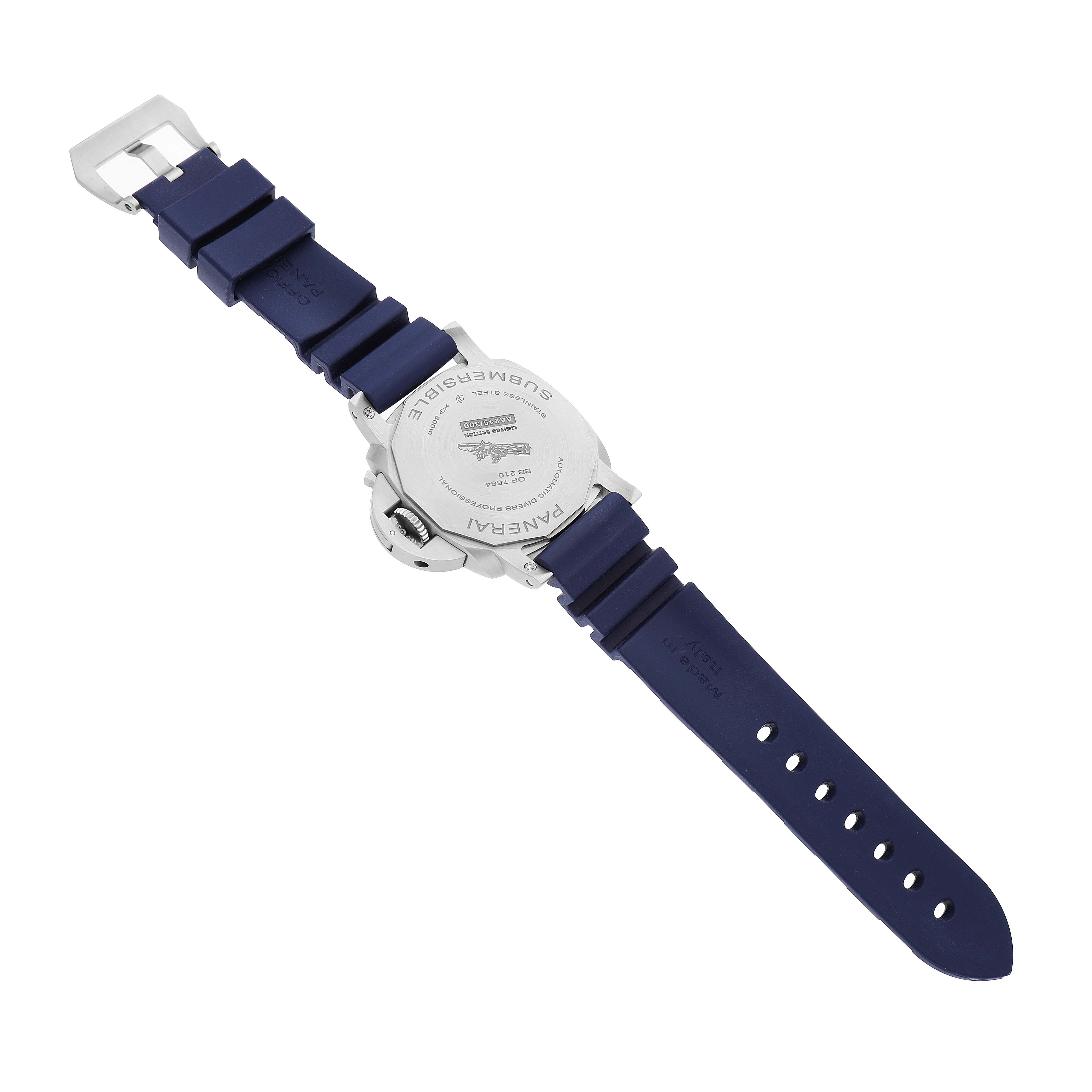 The image shows the back case and strap of the Panerai Submersible PAM01565 Men's Stainless Steel Blue Dial watch, viewed from above.