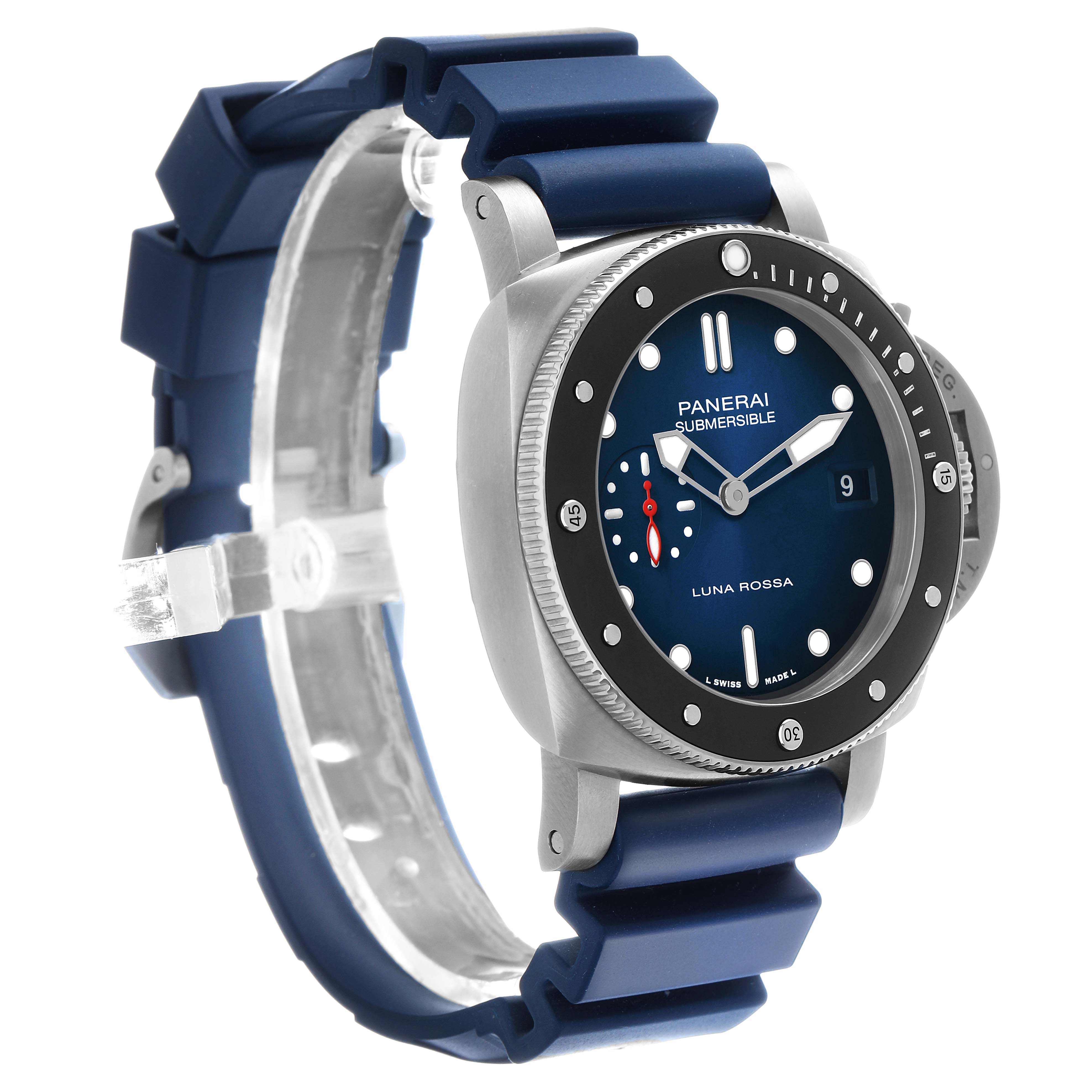 The Panerai Submersible PAM01565 Men's Stainless Steel Blue Dial watch is shown at an angled side view, displaying the dial, bezel, and rubber strap prominently.