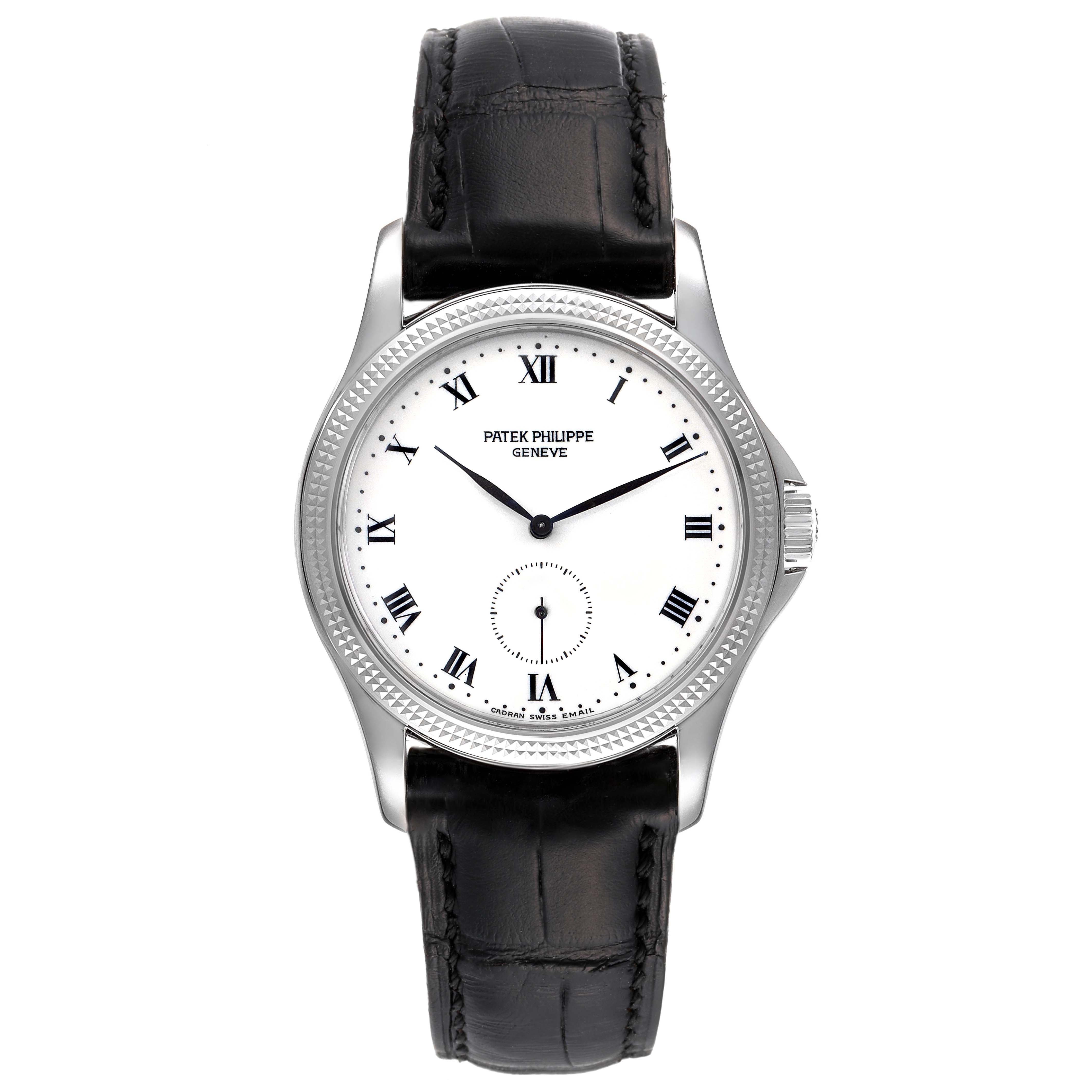 The image shows a front view of the Patek Philippe Calatrava 5115G-001 Men's White Gold White Dial 5115G-001 Men's White Gold White Dial watch, highlighting its face, bezel, and leather strap.
